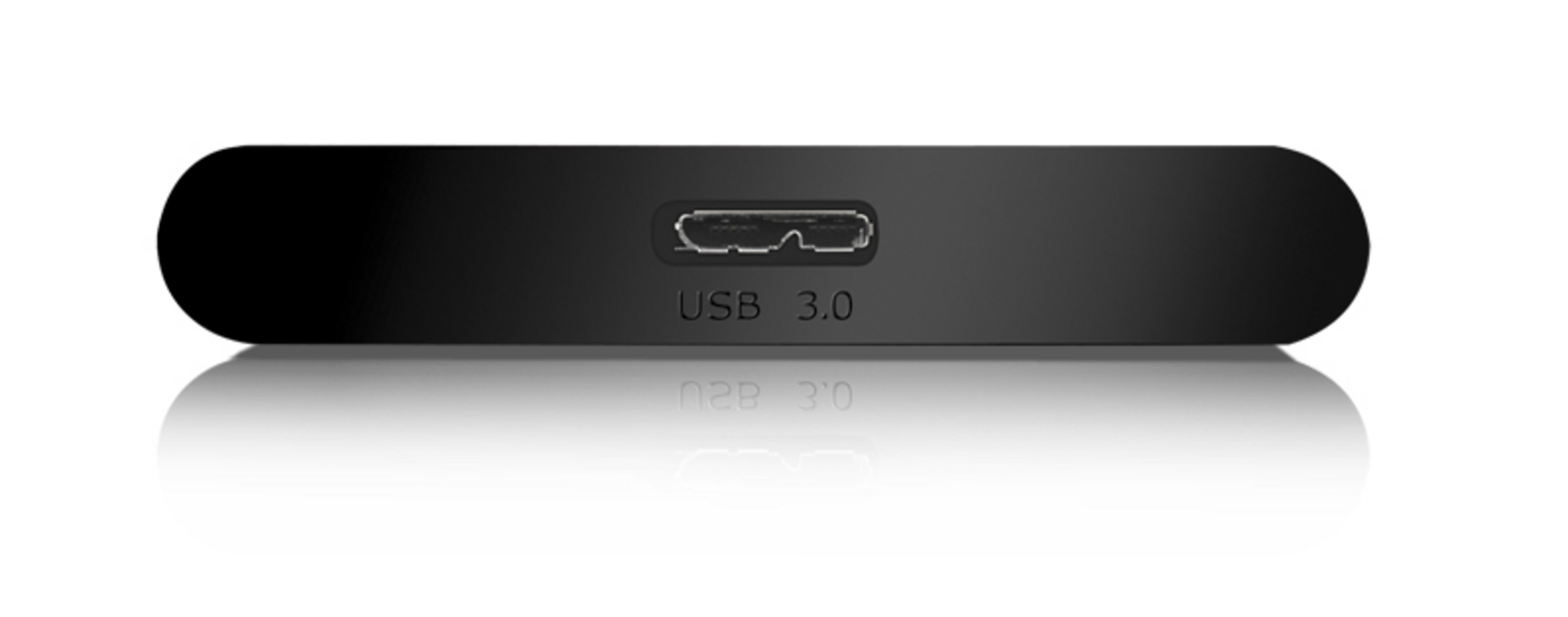 Ein schwarzes rechteckiges Gerät mit einem USB 3.0-Anschluss, vor einer weißen, reflektierenden Oberfläche.