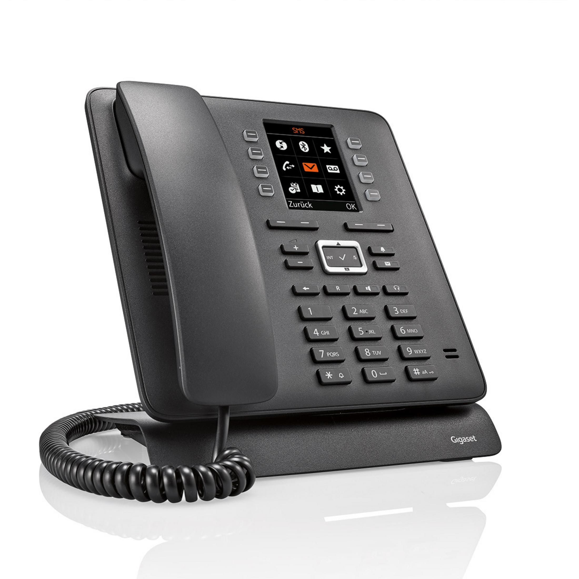 Telefono fisso nero con schermo e pulsanti. Base curva.