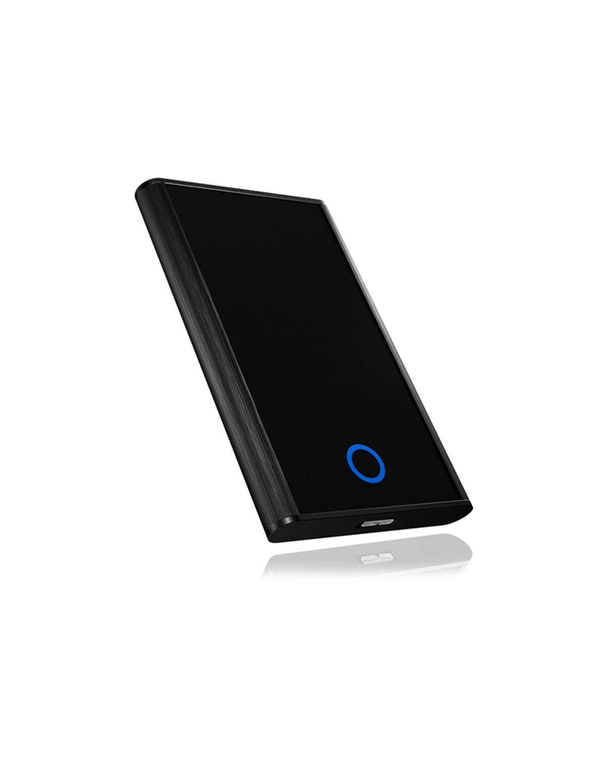 Ein schwarzes Smartphone, das auf einer Oberfläche liegt und einen blauen Kreis unten zeigt.