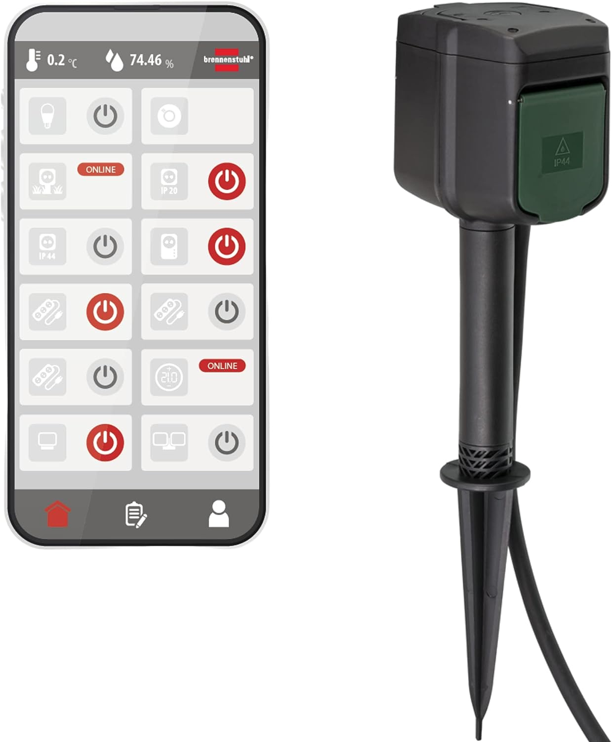 Dispositivo per la casa intelligente con smartphone che mostra le opzioni di controllo. Il dispositivo è nero con parte superiore verde.