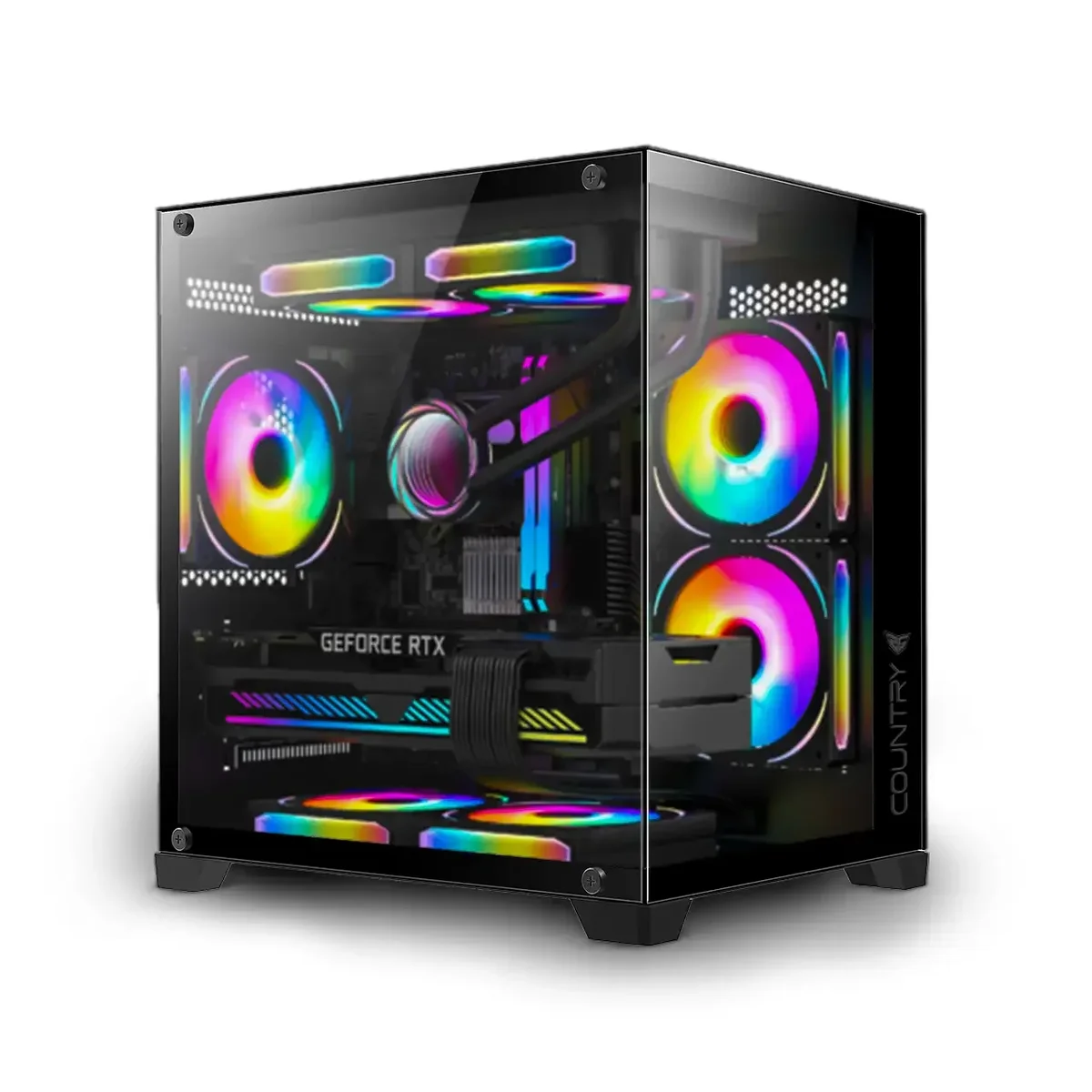 Un case per computer nero con componenti visibili, tra cui ventole con illuminazione colorata.