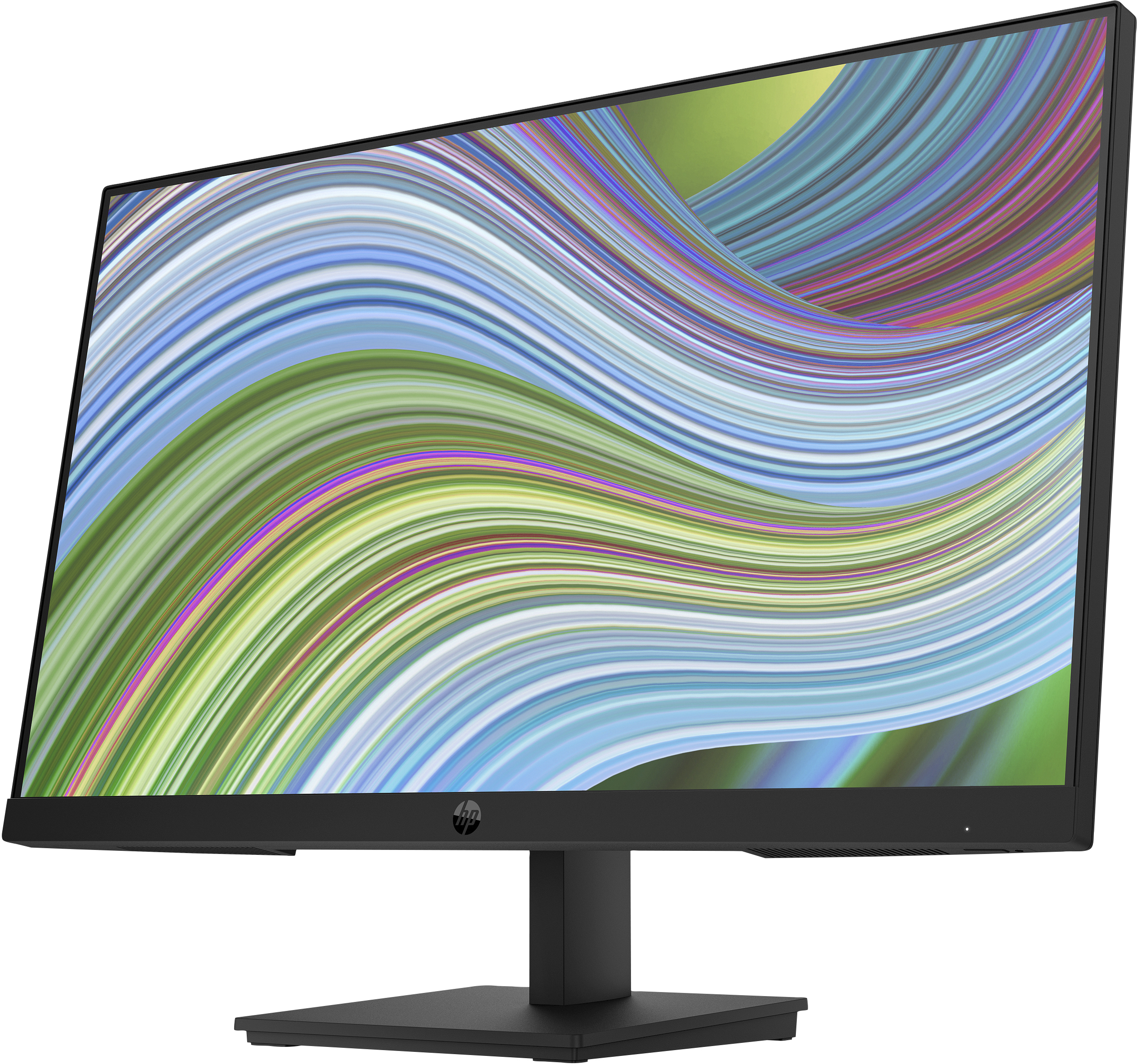 Monitor HP con design astratto colorato. Cornice e supporto neri.