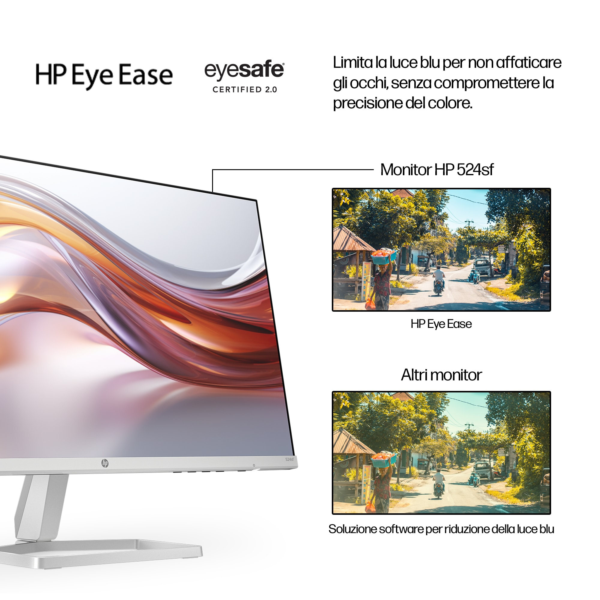 Biały monitor HP ze srebrną podstawką. Tekst: HP Eye Ease. Dwa mniejsze obrazy pokazują ulice.