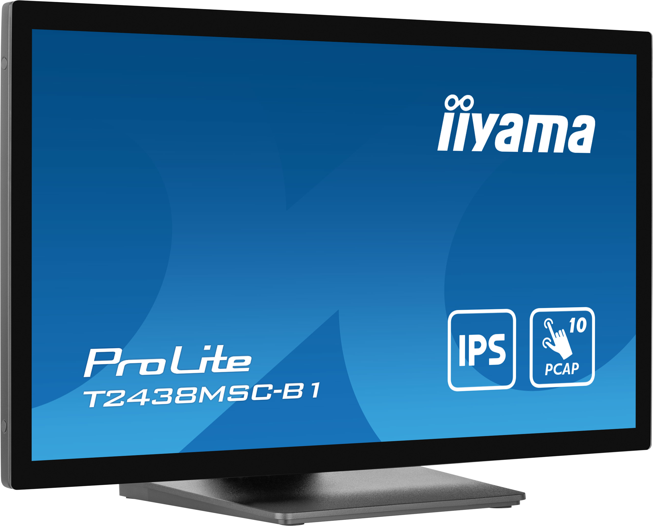 Czarny monitor z napisem "iiyama" na niebieskim tle z logo i tekstem: ProLite T2438MSC-B1.