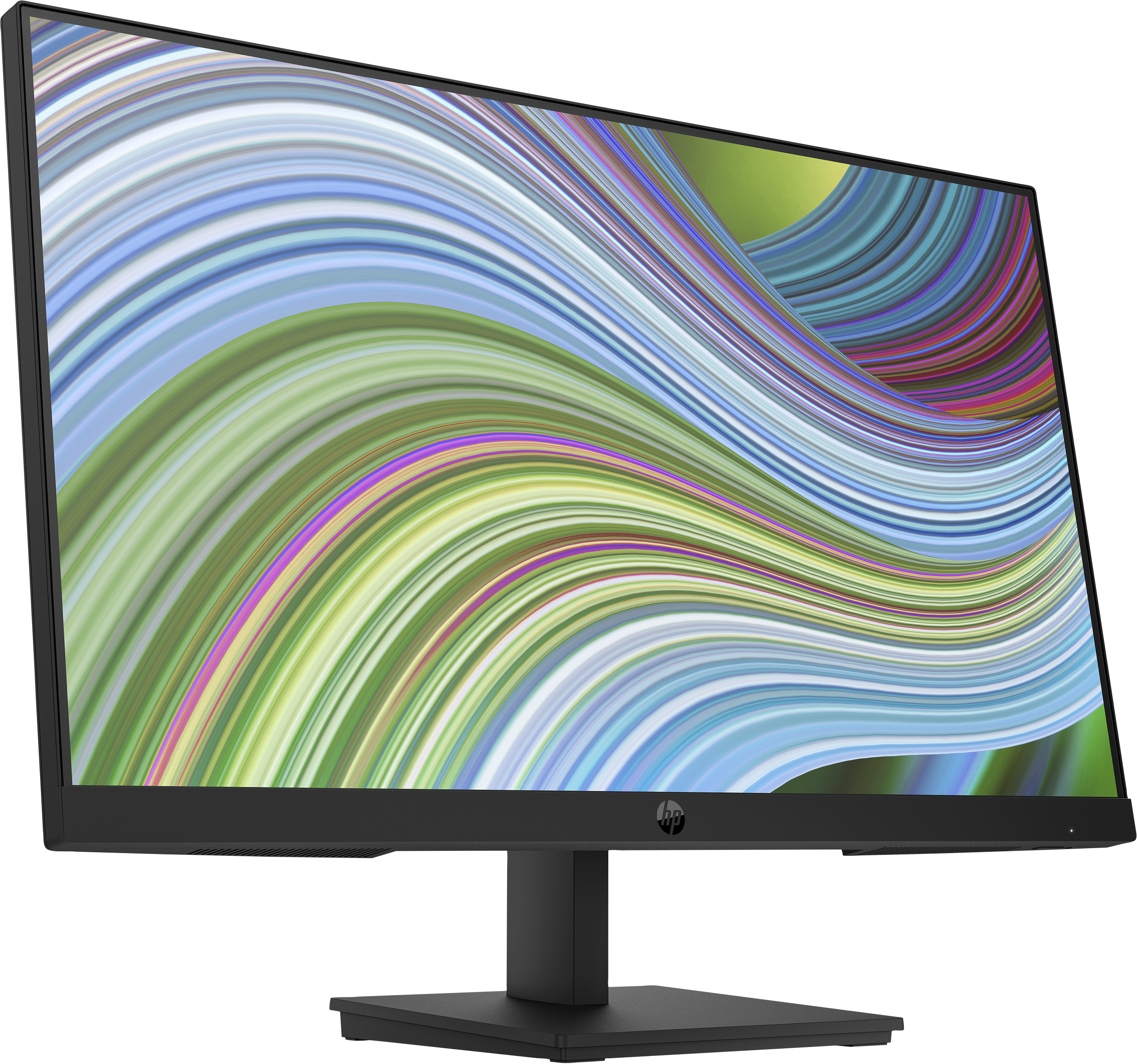 Un monitor HP nero che mostra un design astratto colorato.