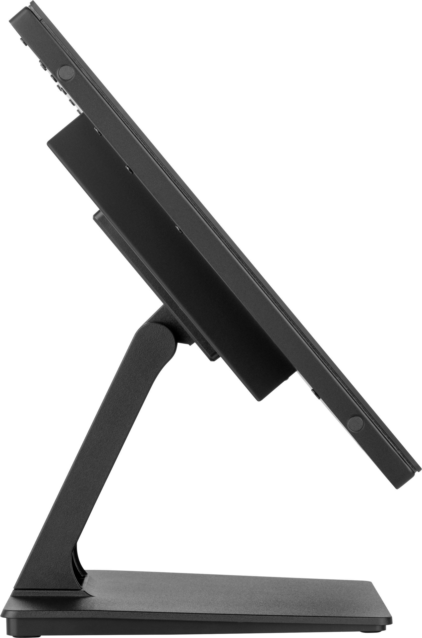 Widok z boku czarnego monitora na stojaku.