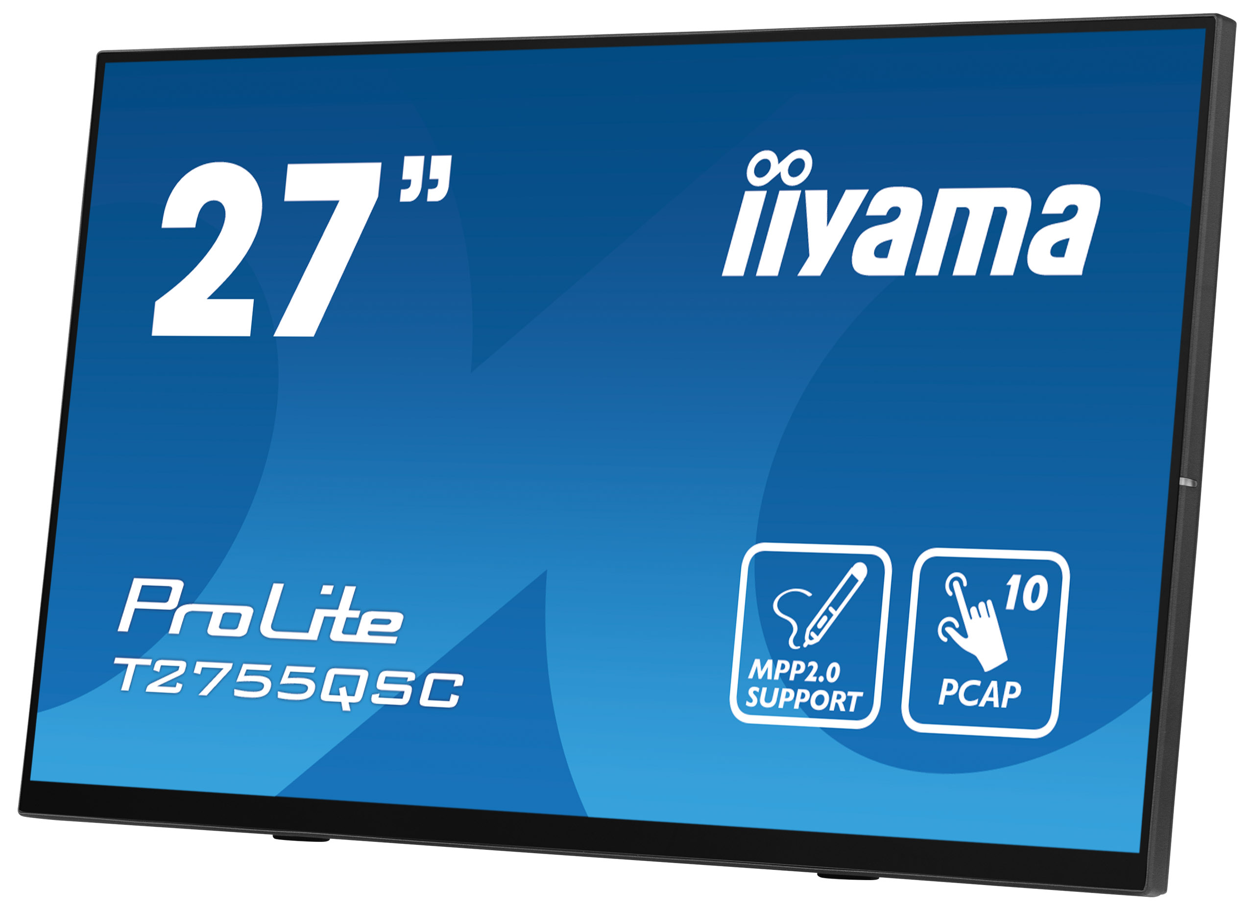 Monitor 27" iiyama ProLite. Niebieskie tło z ikonami wsparcia.