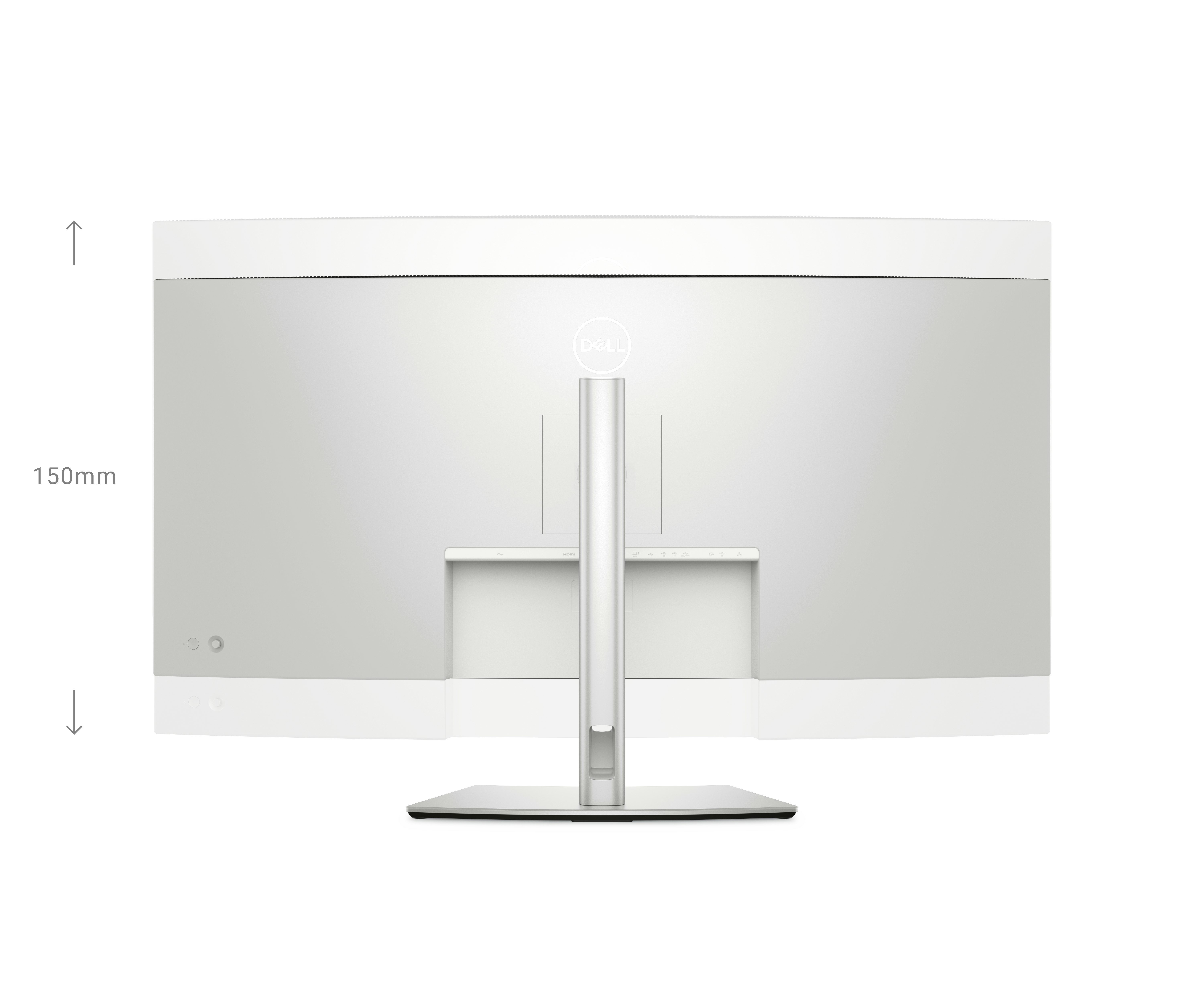 Tył monitora Dell, z białym panelem tylnym i centralną podstawą.