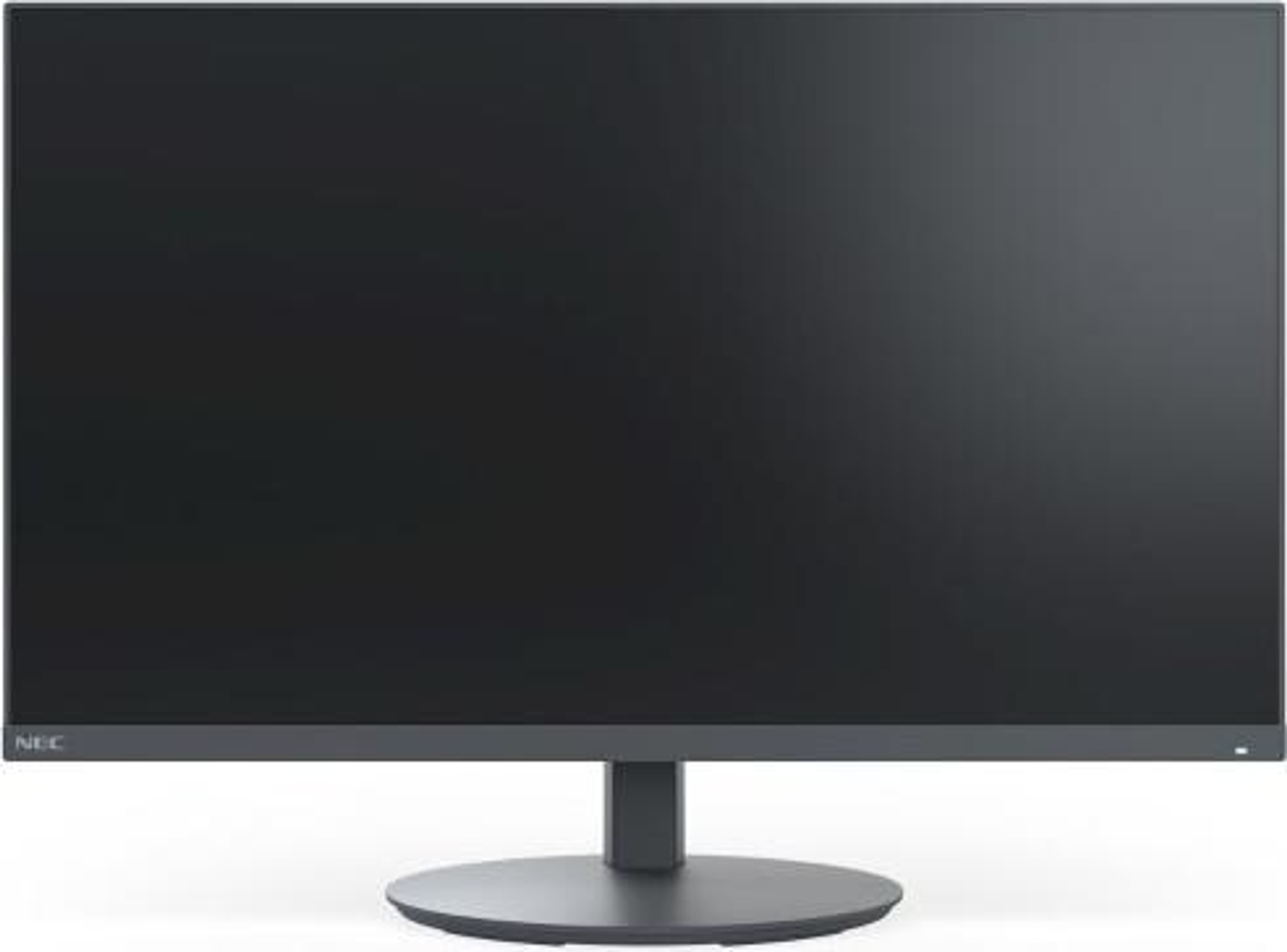 Een zwarte NEC monitor op een standaard, vooraanzicht.