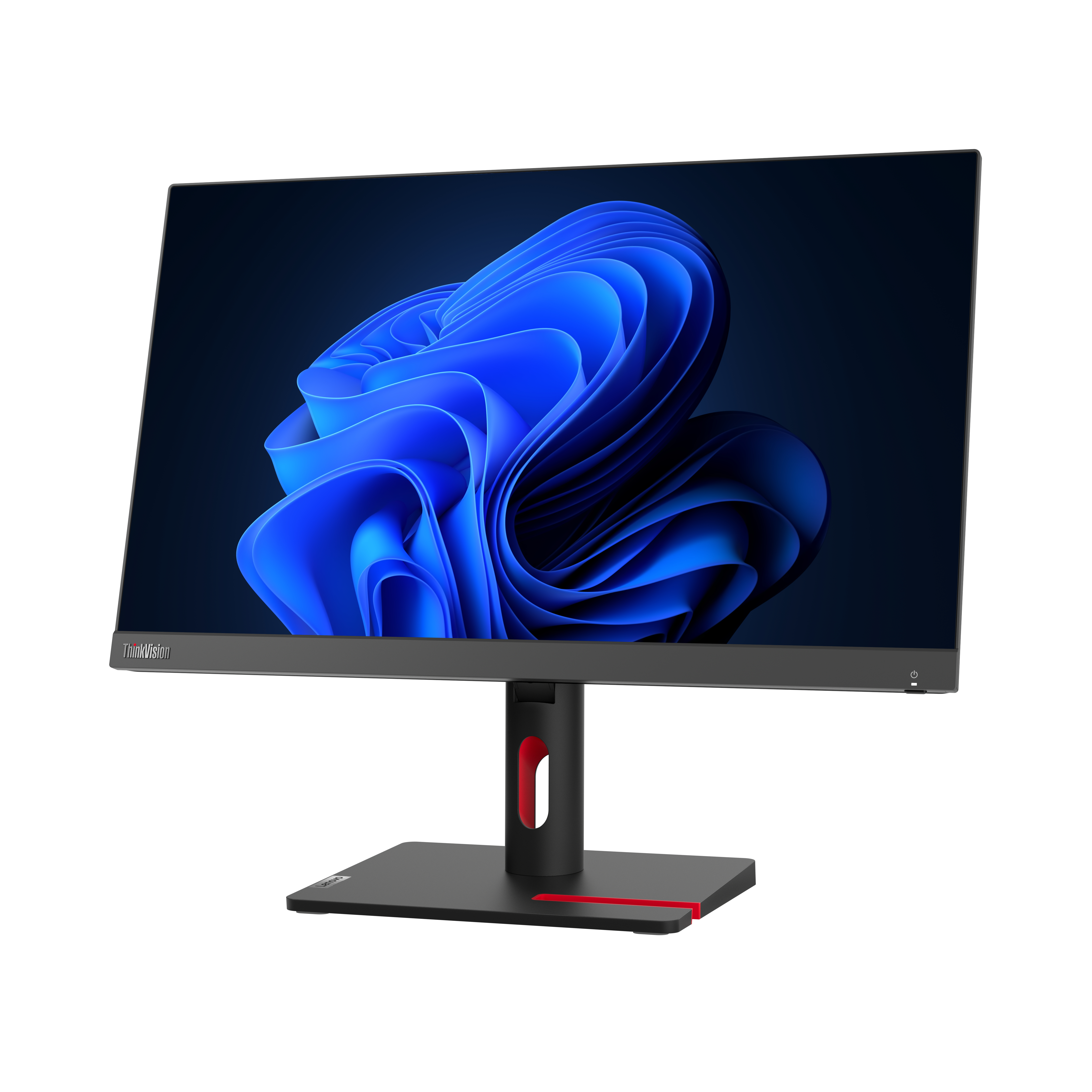 Schwarzer ThinkVision-Monitor. Der Bildschirm zeigt ein blaues abstraktes Design. Roter und schwarzer Ständer.