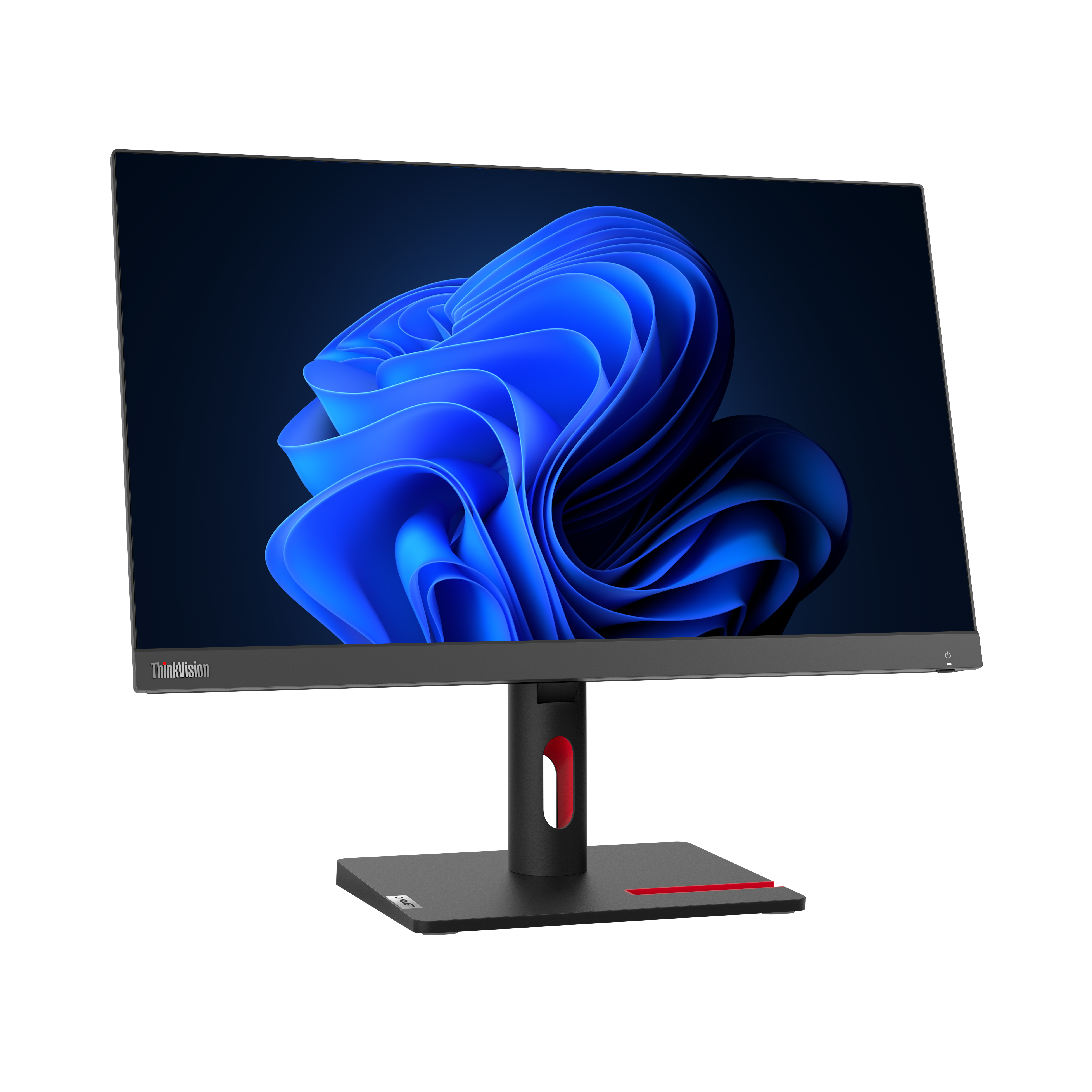 Lenovo ThinkVision Monitor. Schwarzer und roter Standfuß. Bildschirm zeigt dunklen blauen Hintergrund und blaue Form.