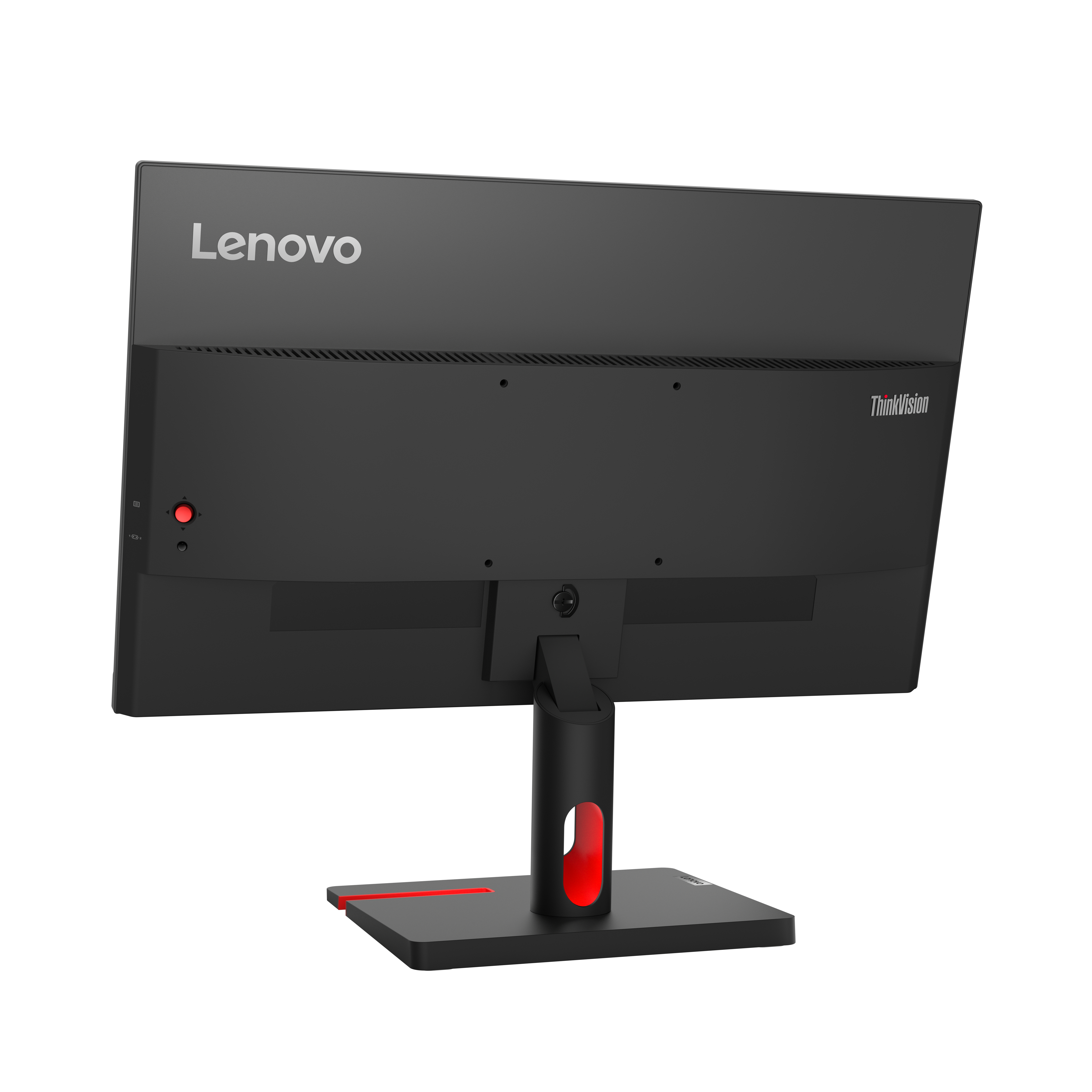 Rückseite eines schwarzen Lenovo-Monitors. Lenovo-Logo oben. Ständer mit rotem Akzent.