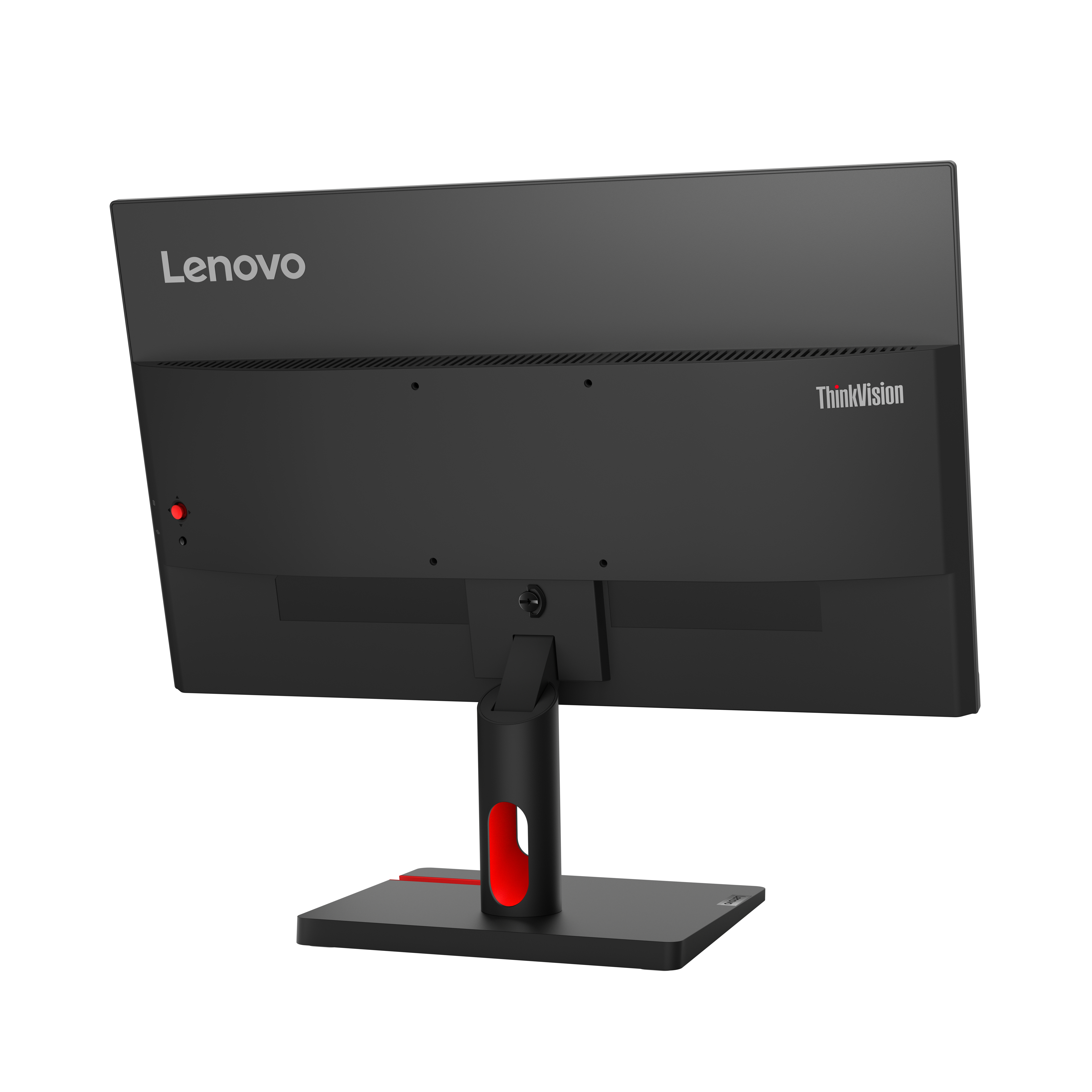 Rückansicht des Lenovo Monitors. Schwarz, mit roten Akzenten, ThinkVision Logo.