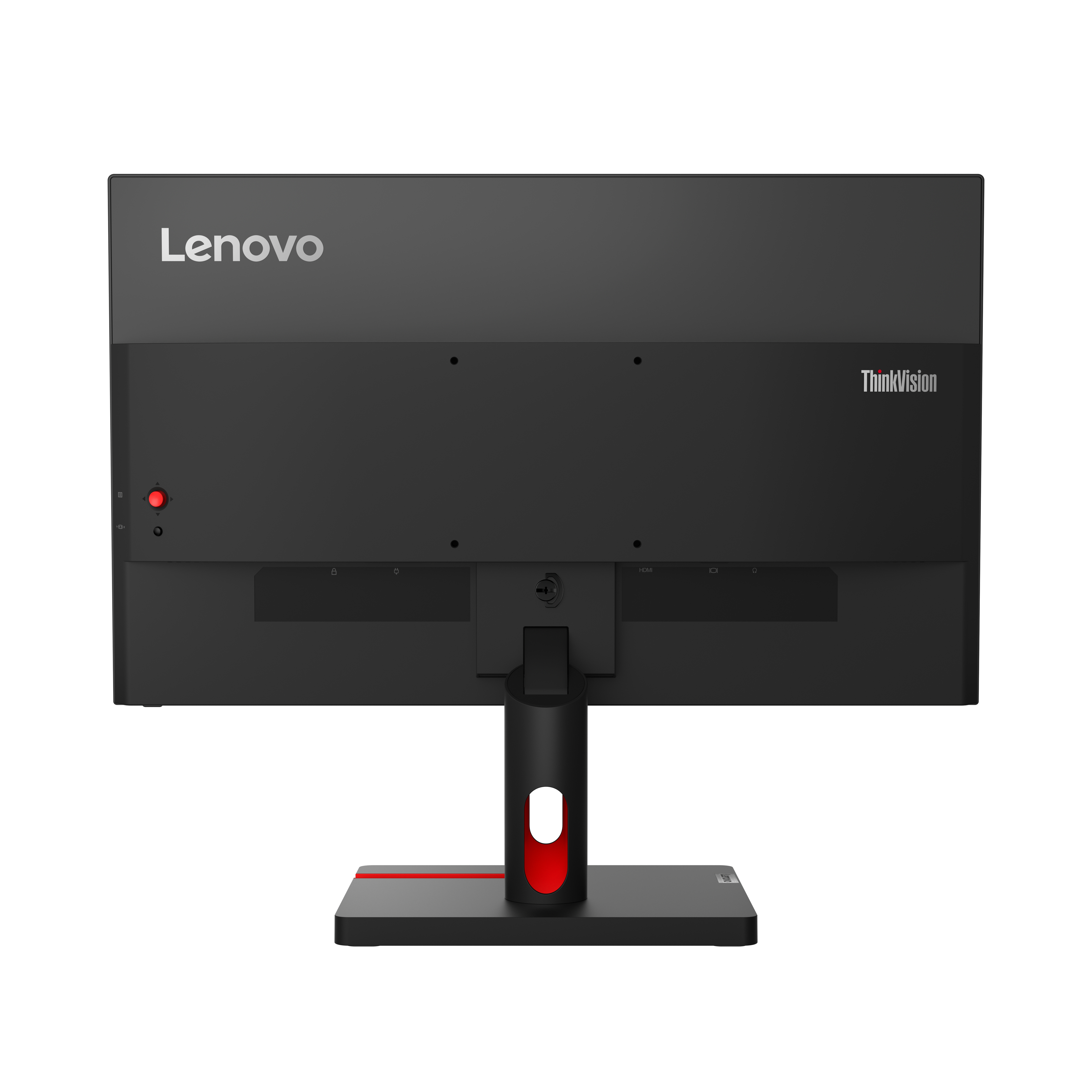 Rückseite eines schwarzen Lenovo-Monitors mit roter Basis und ThinkVision-Logo.