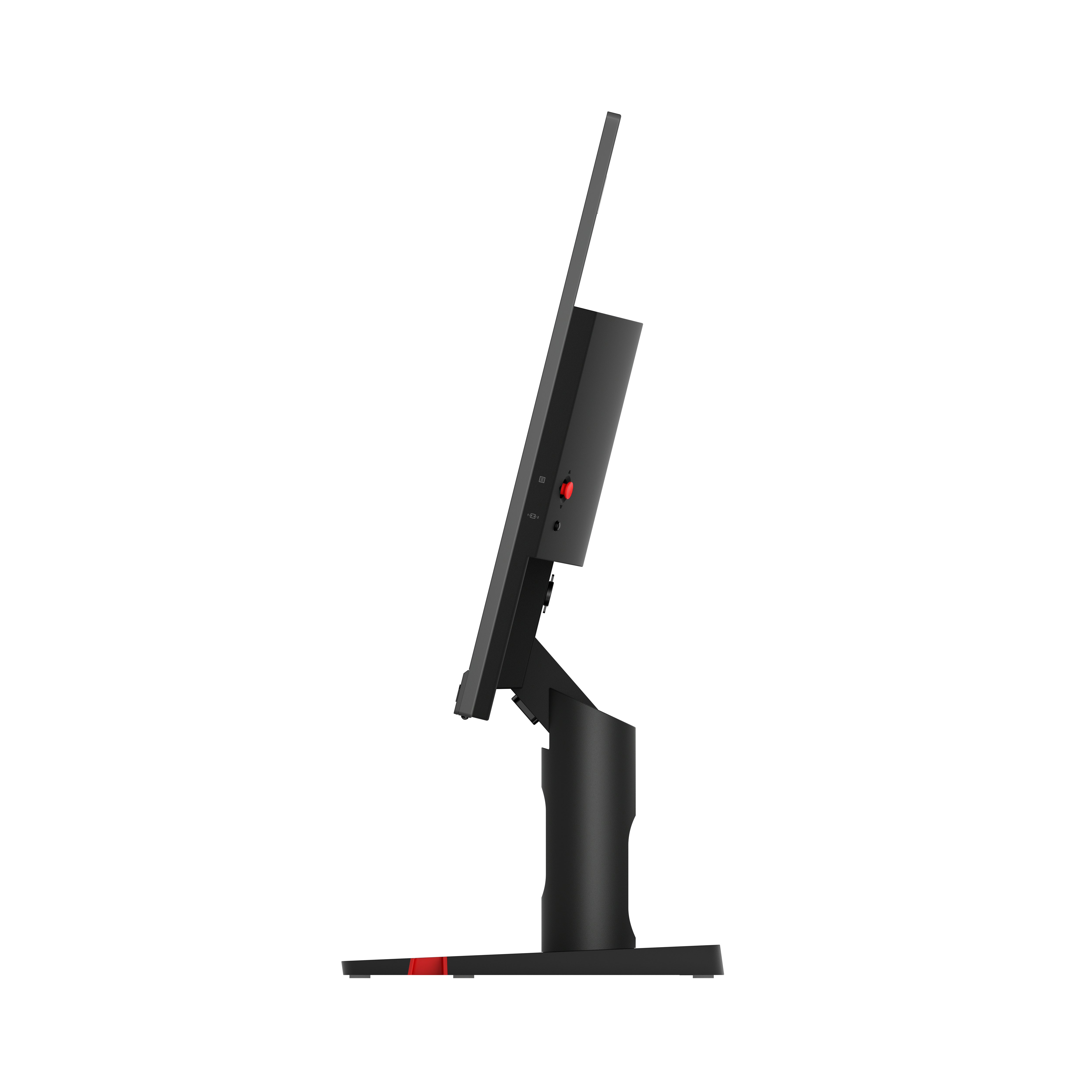 Seitenansicht eines schwarzen Monitors mit rotem Knopf und Ständer auf weißem Hintergrund.