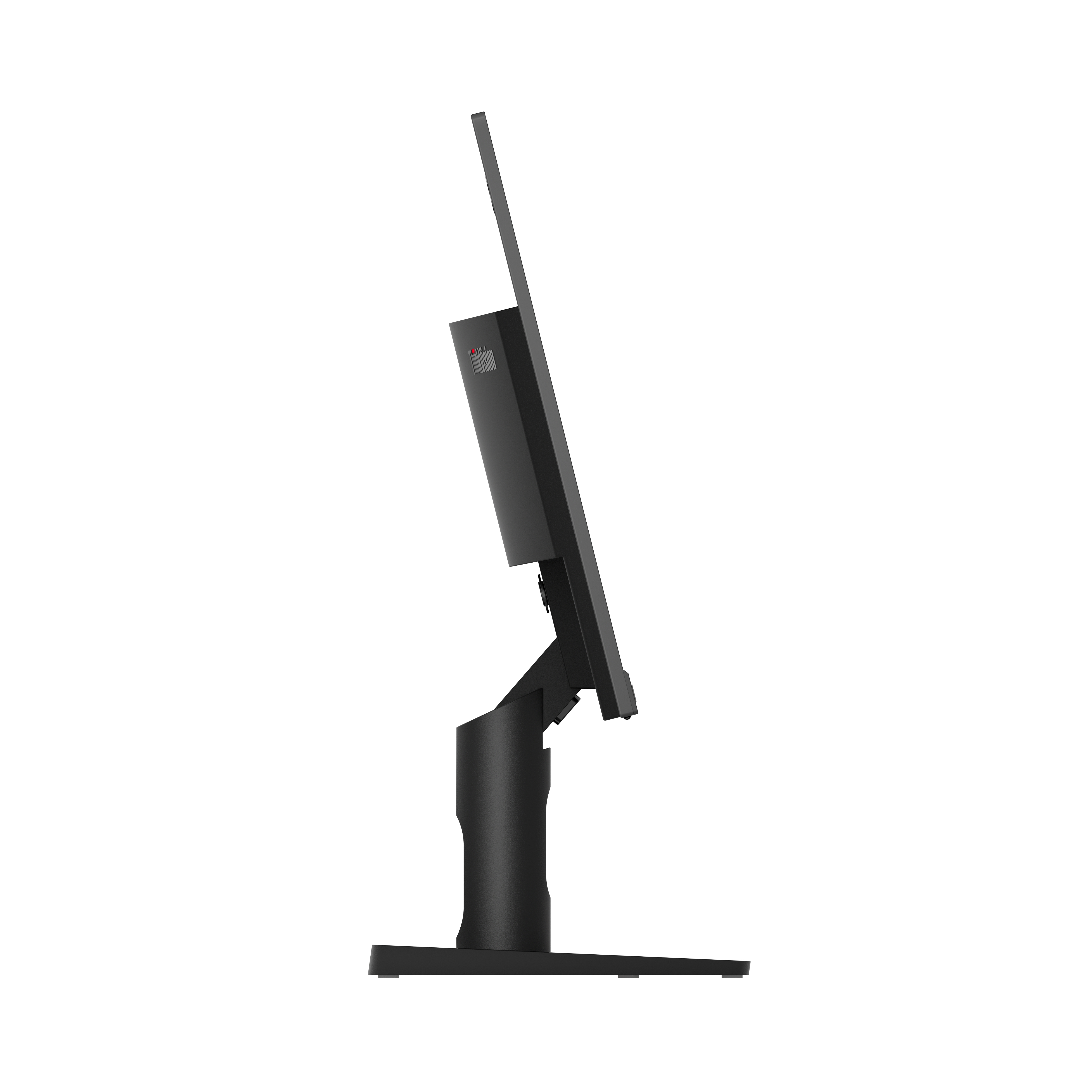 Seitenansicht eines schwarzen Lenovo-Monitors mit schwarzem Ständer, auf weißem Hintergrund. Der Bildschirm ist aus.