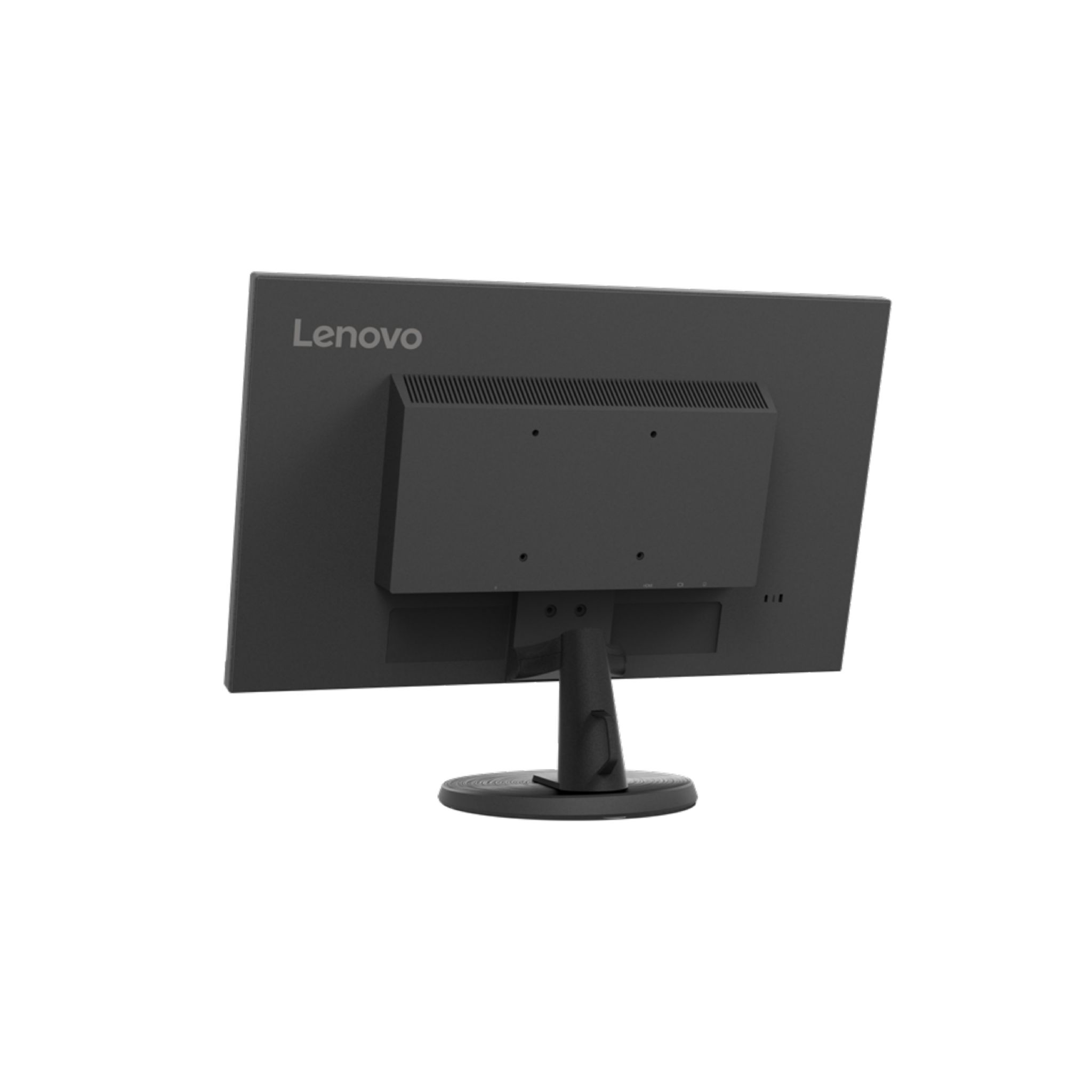 Tył czarnego monitora Lenovo, pokazujący podstawę i porty.