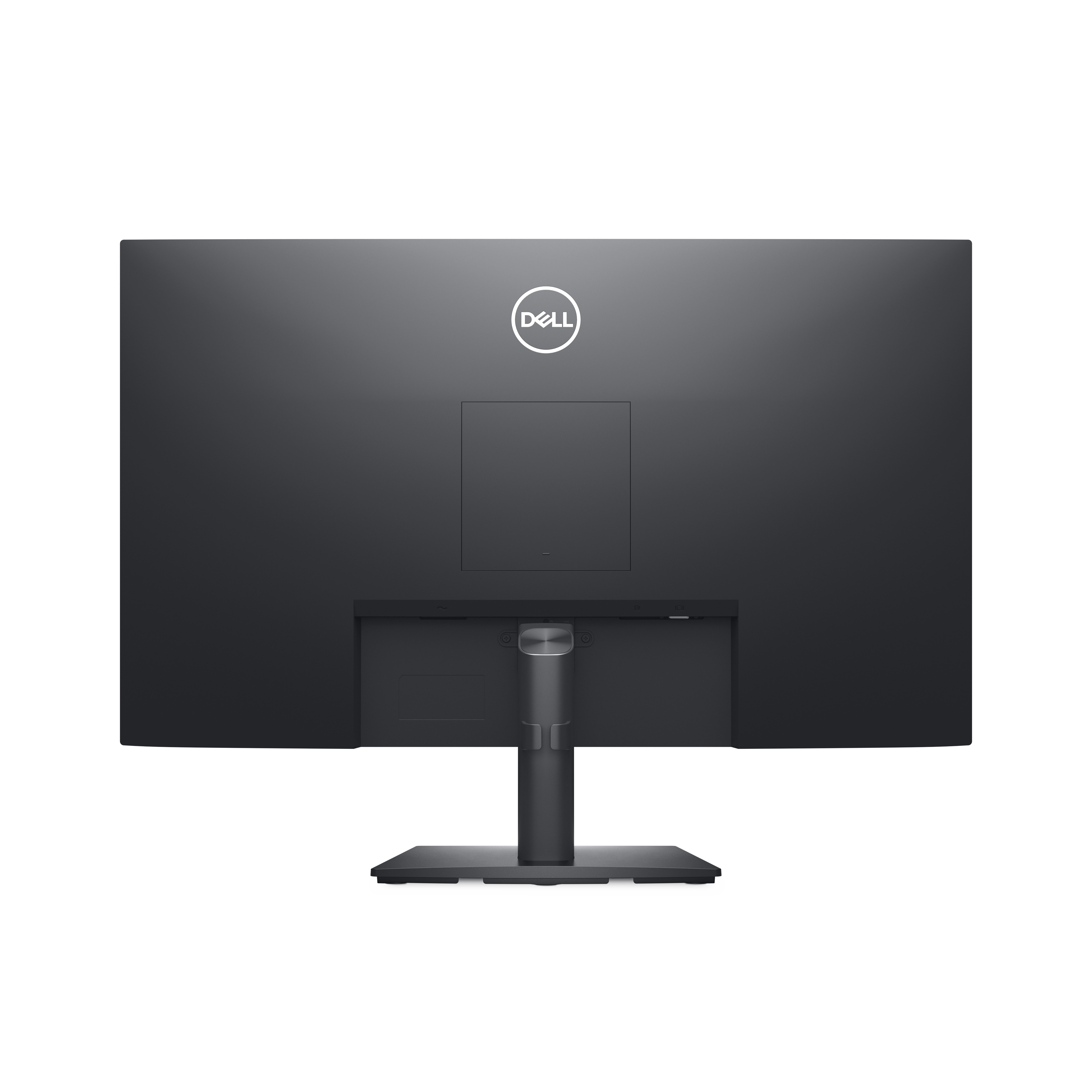 Vue arrière du moniteur Dell. Noir, avec une encoche rectangulaire et un support.