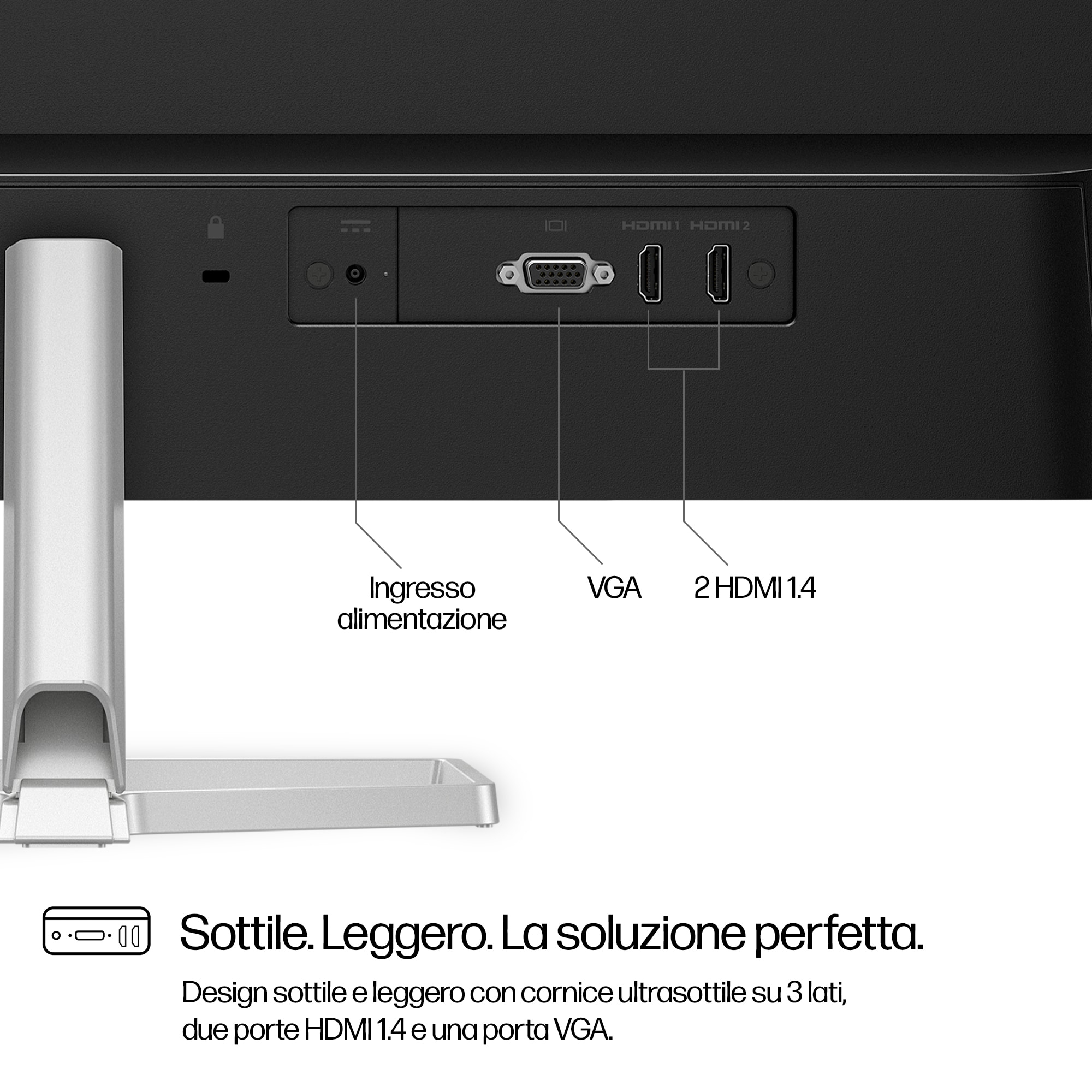 Close-up of monitor ports: VGA, HDMI, and power input, with descriptive labels.