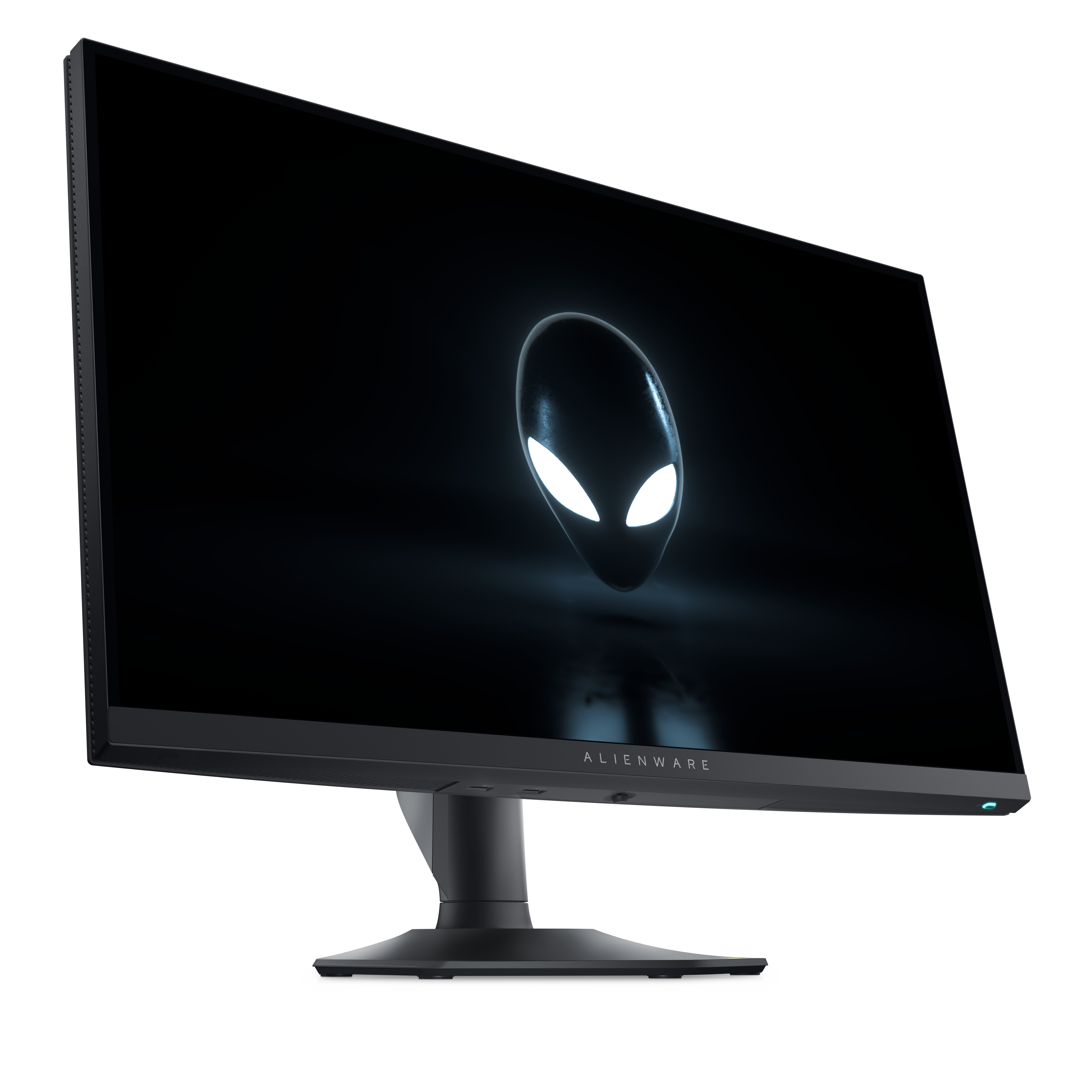 Monitor Alienware. Czarny z logo głowy obcego na ekranie. Białe światła i zakrzywiona podstawa.