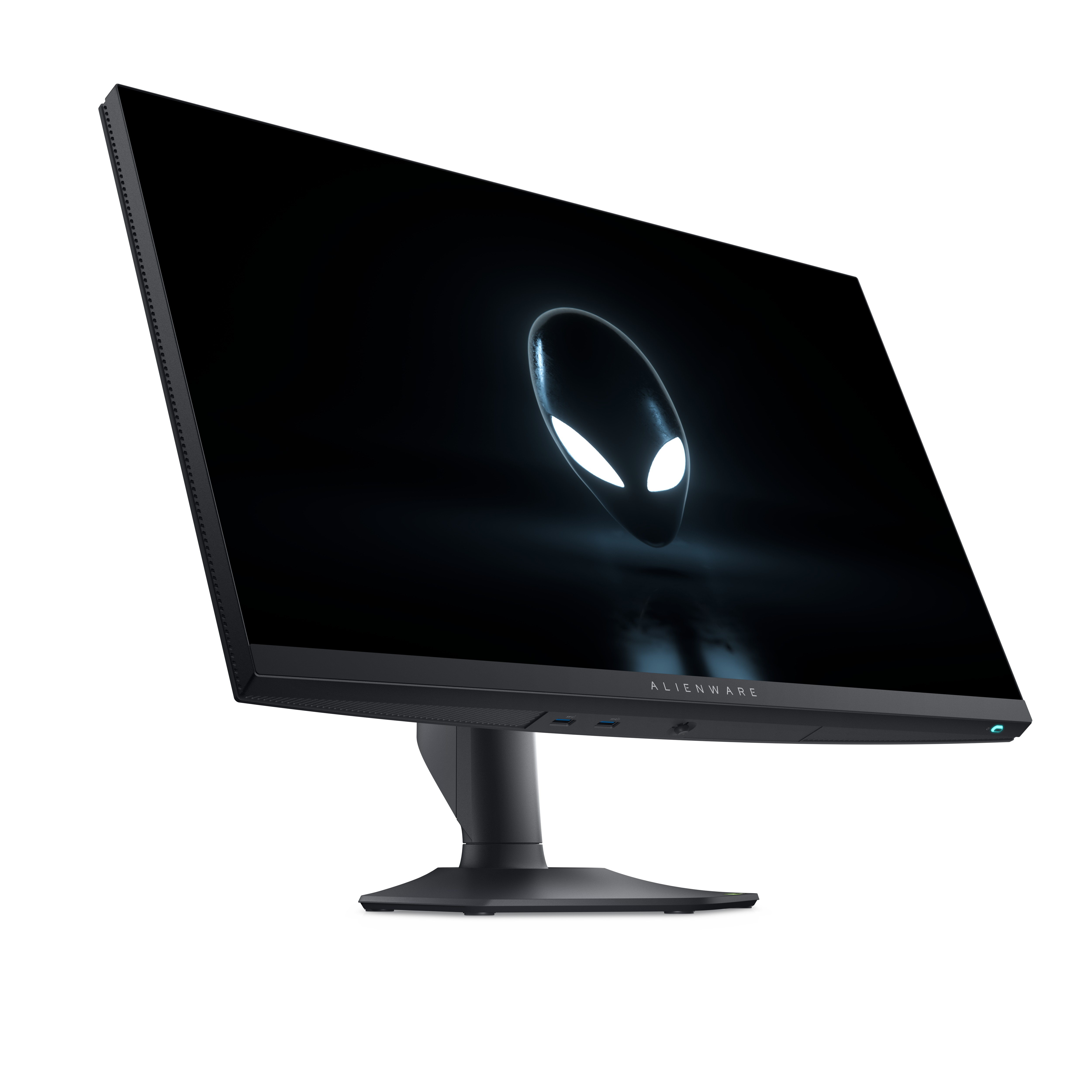 Czarny monitor Alienware pod kątem. Ekran wyświetla świecącą głowę kosmity.
