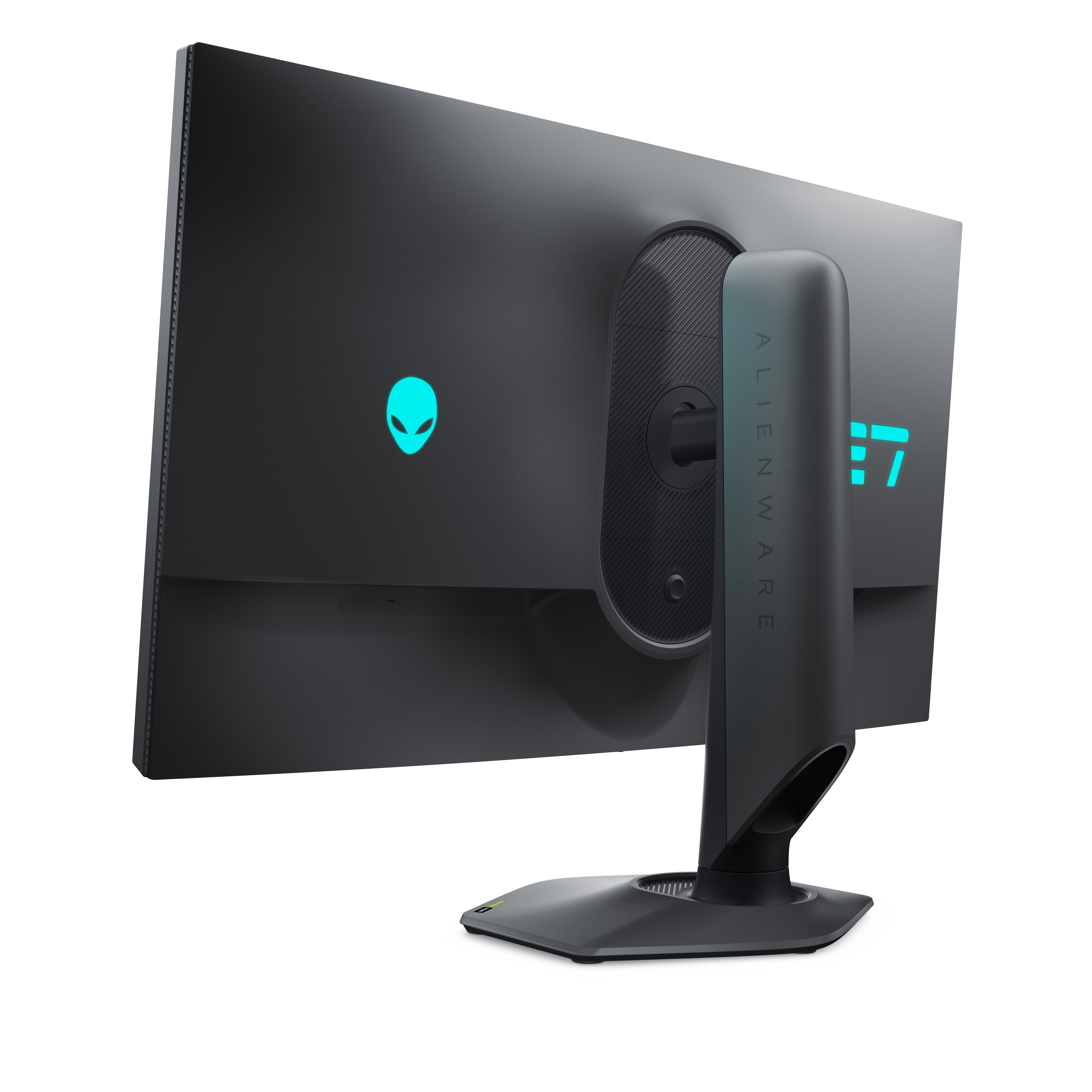 Monitor Alienware, widok z tyłu. Czarny design z logo Alienware i paskiem świetlnym z tyłu.