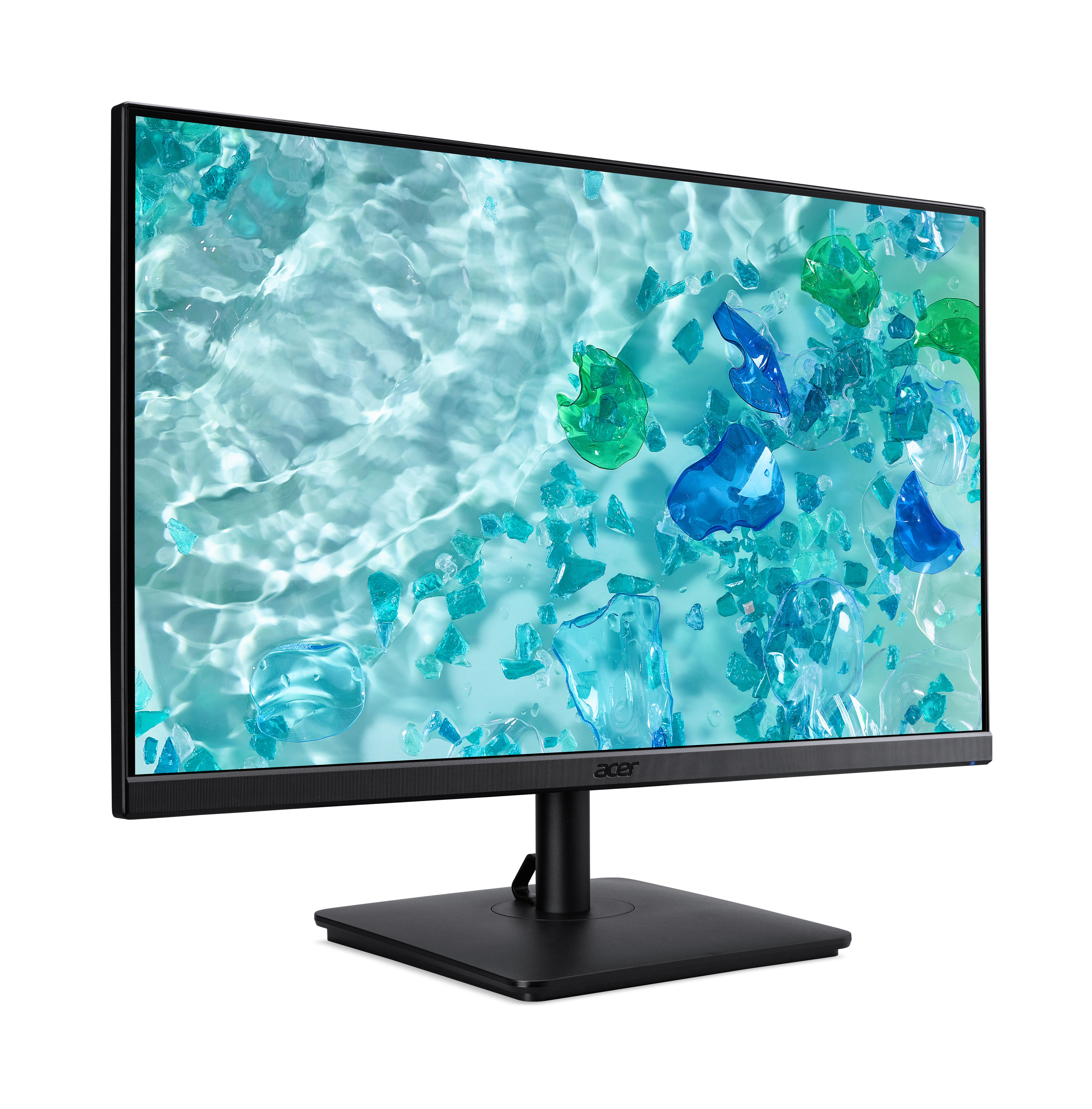 Monitor Acer con sfondo acqua blu e forme astratte. Base nera.