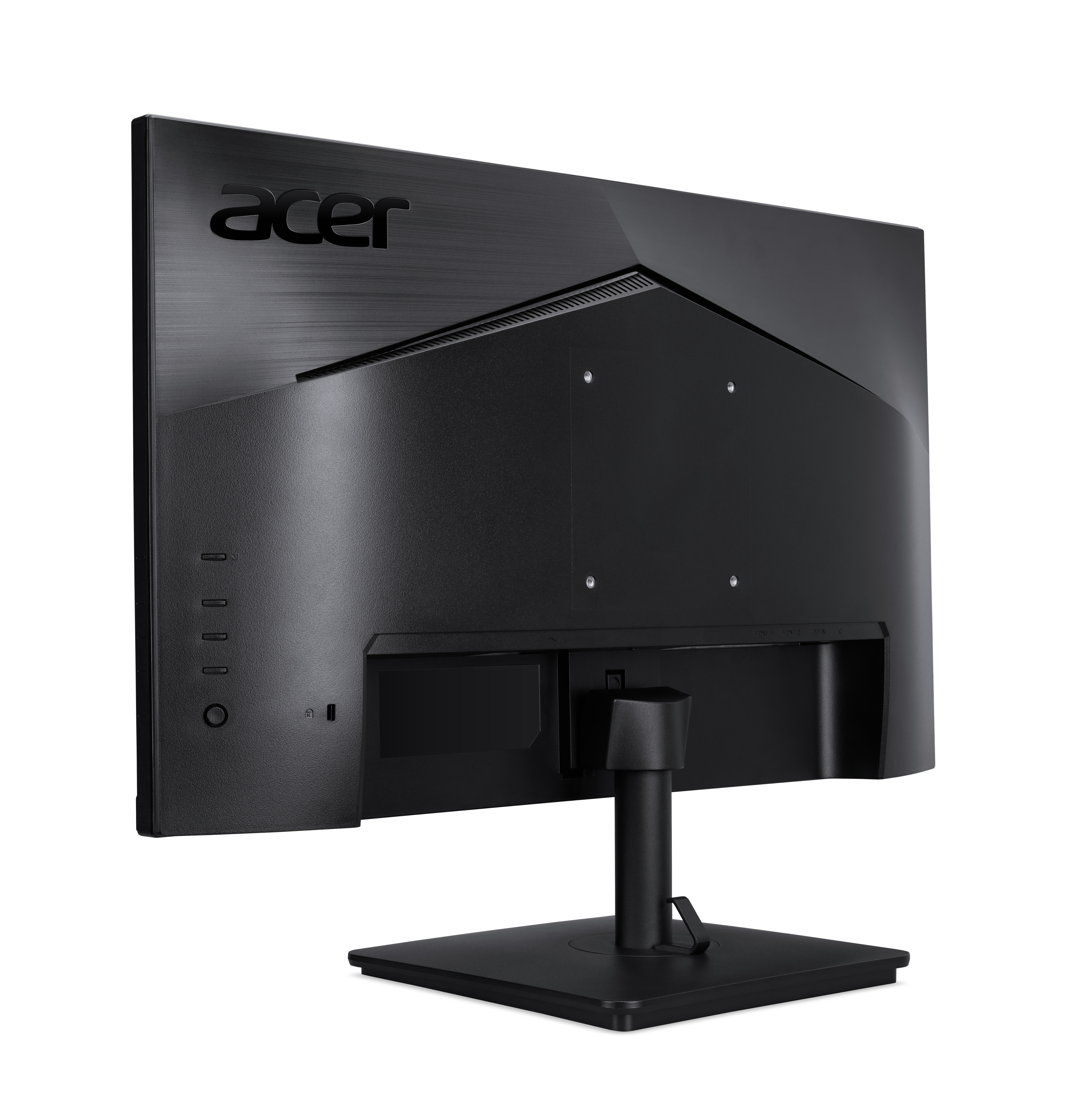 Vista posteriore del monitor Acer nero, con logo, prese d'aria e supporto.