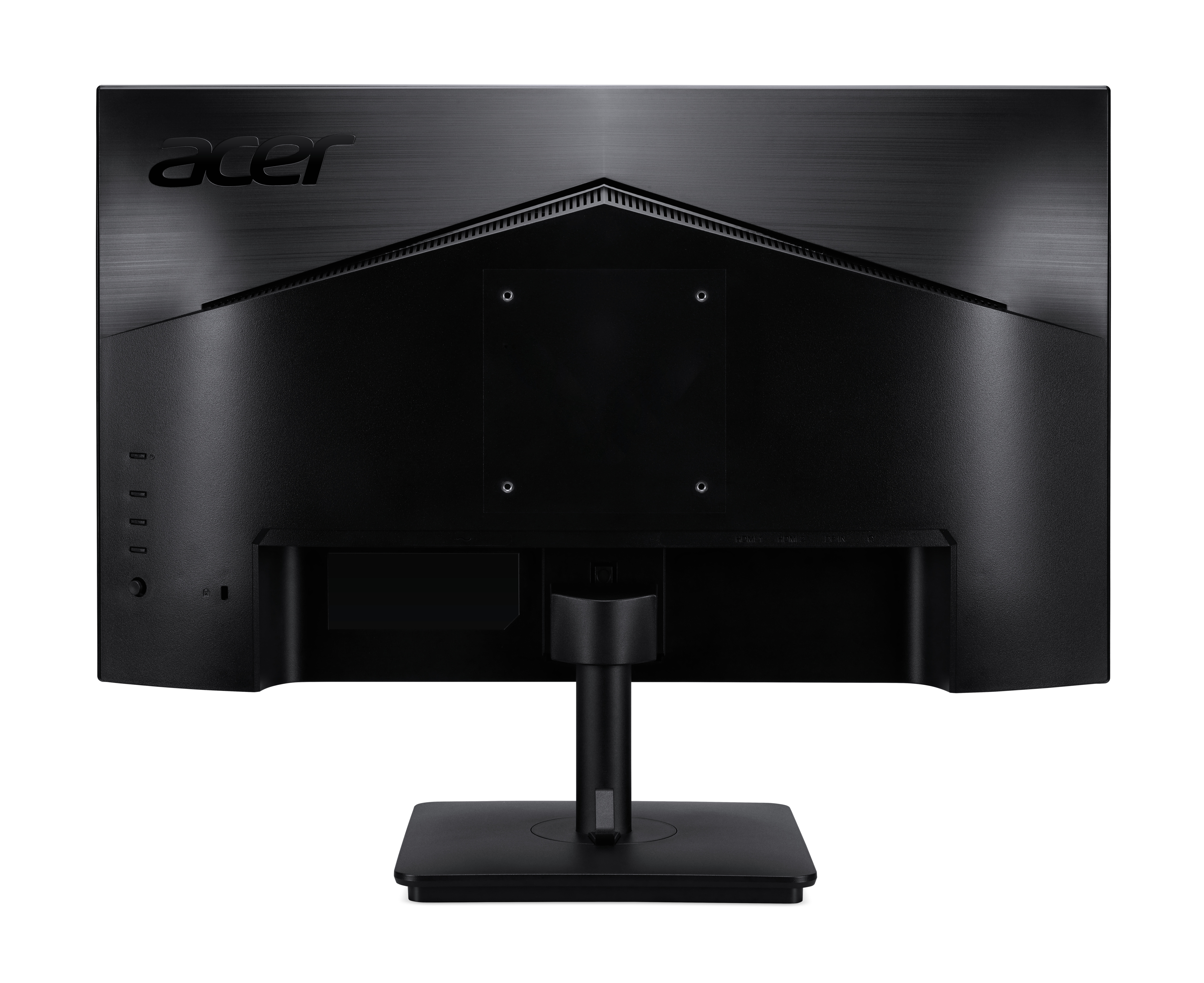 Vista posteriore di un monitor Acer nero con supporto, logo e porte di connessione.
