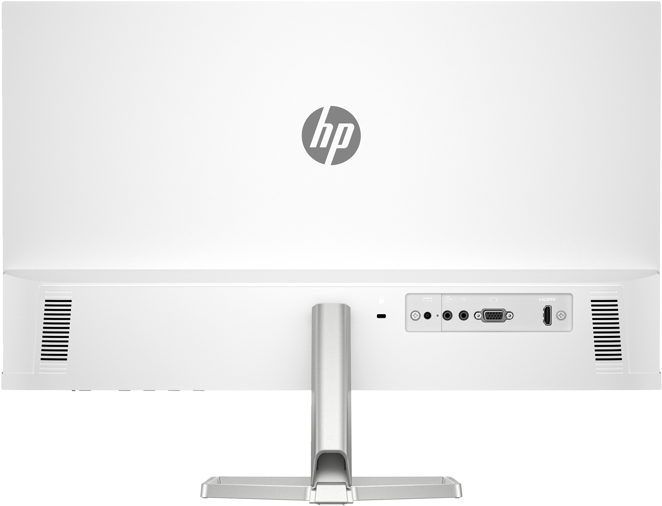 La parte trasera de un monitor HP blanco con puertos y el logotipo de HP, mostrando opciones.