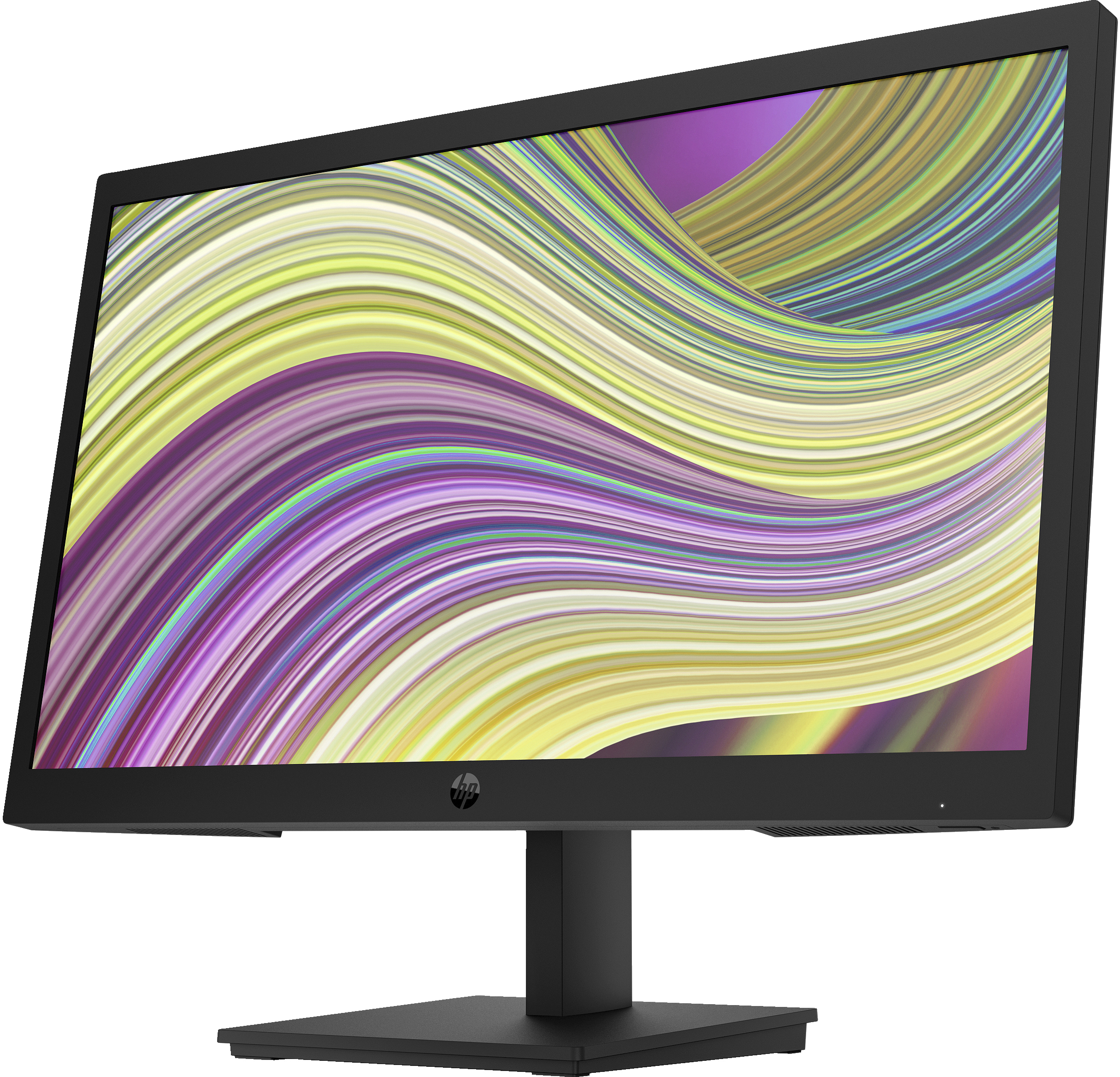 Monitor de computadora HP con marco negro, mostrando un diseño abstracto colorido.