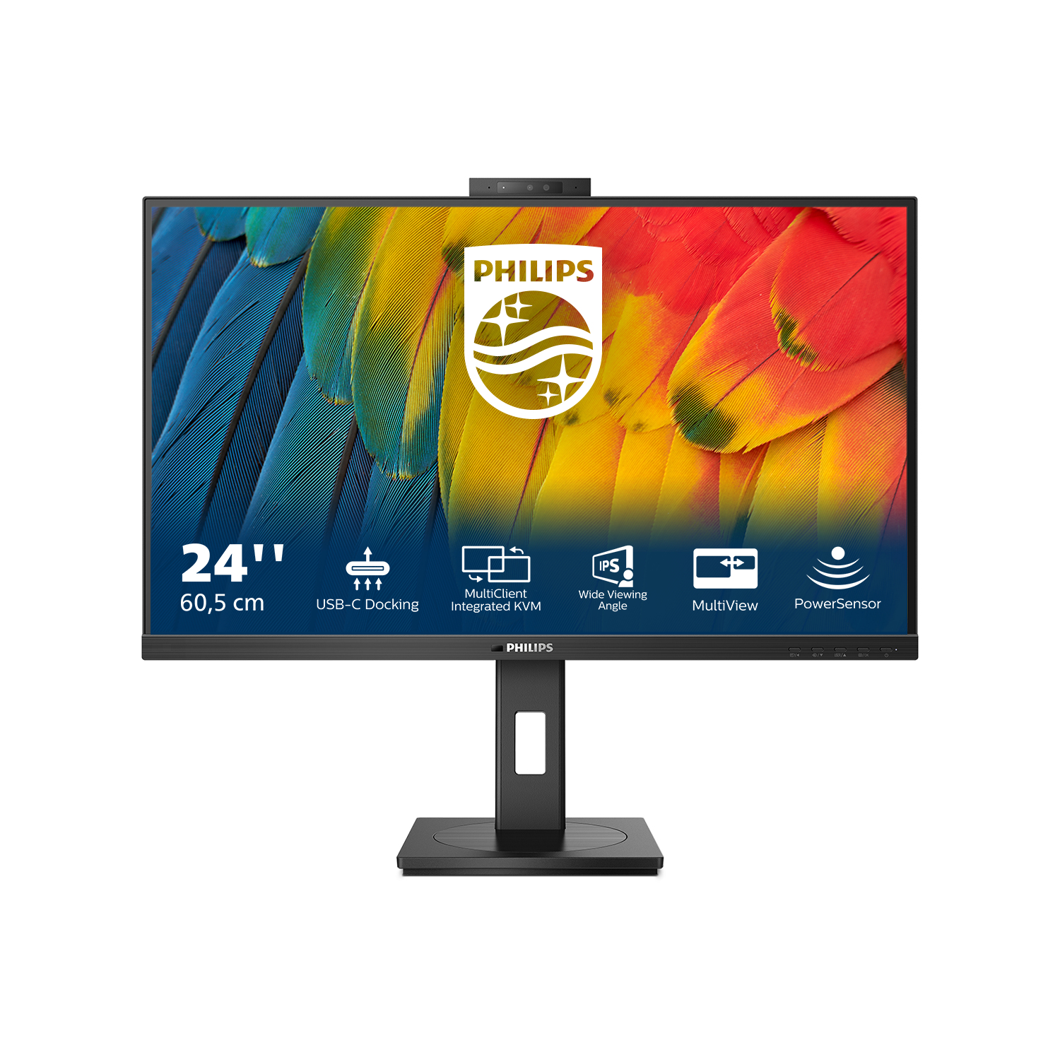 Monitor komputera z kolorowym obrazem i kamerą internetową u góry. Monitor Philips.