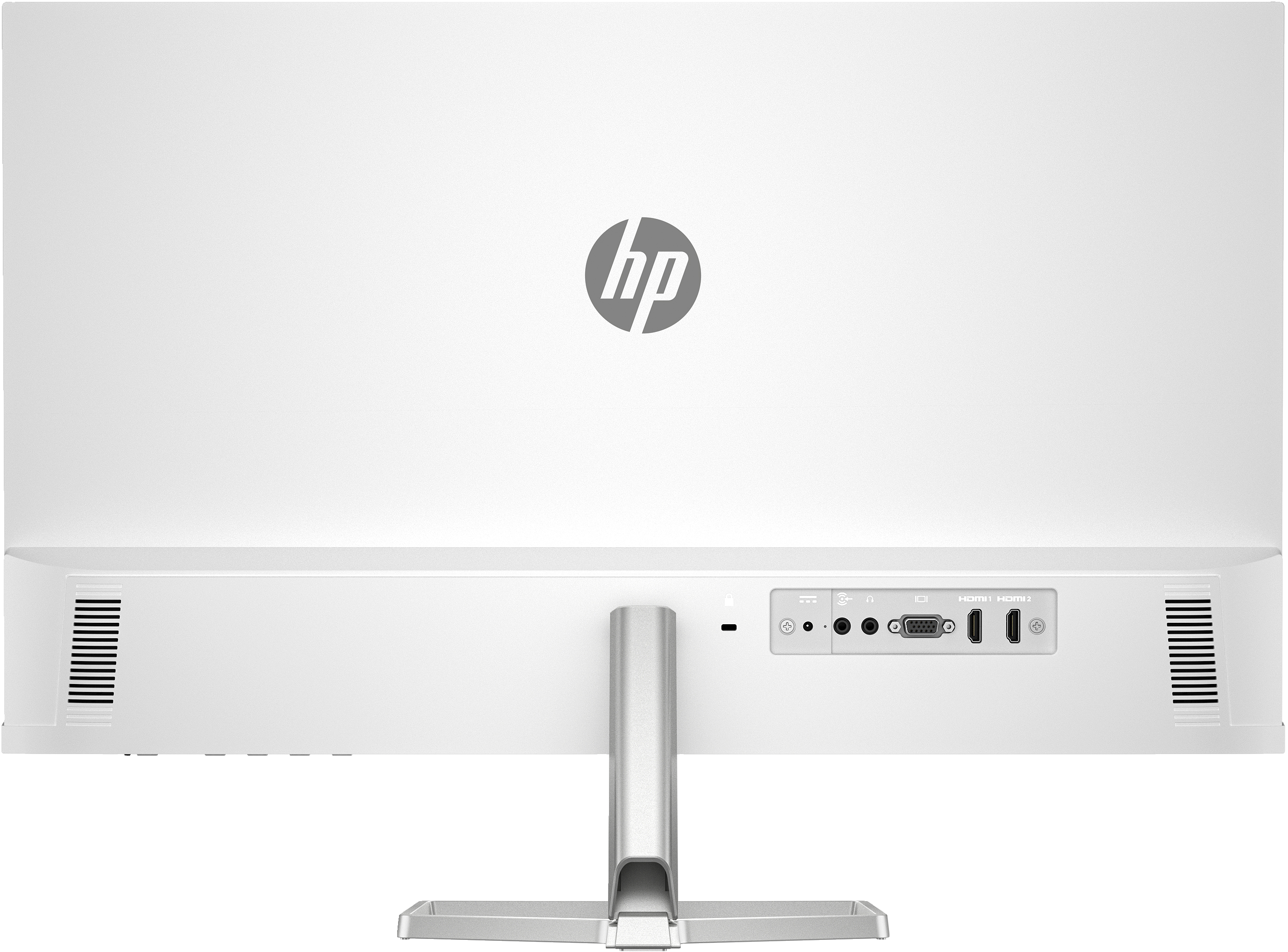 Tył białego monitora z portami. Srebrna podstawa. Widoczne logo HP.