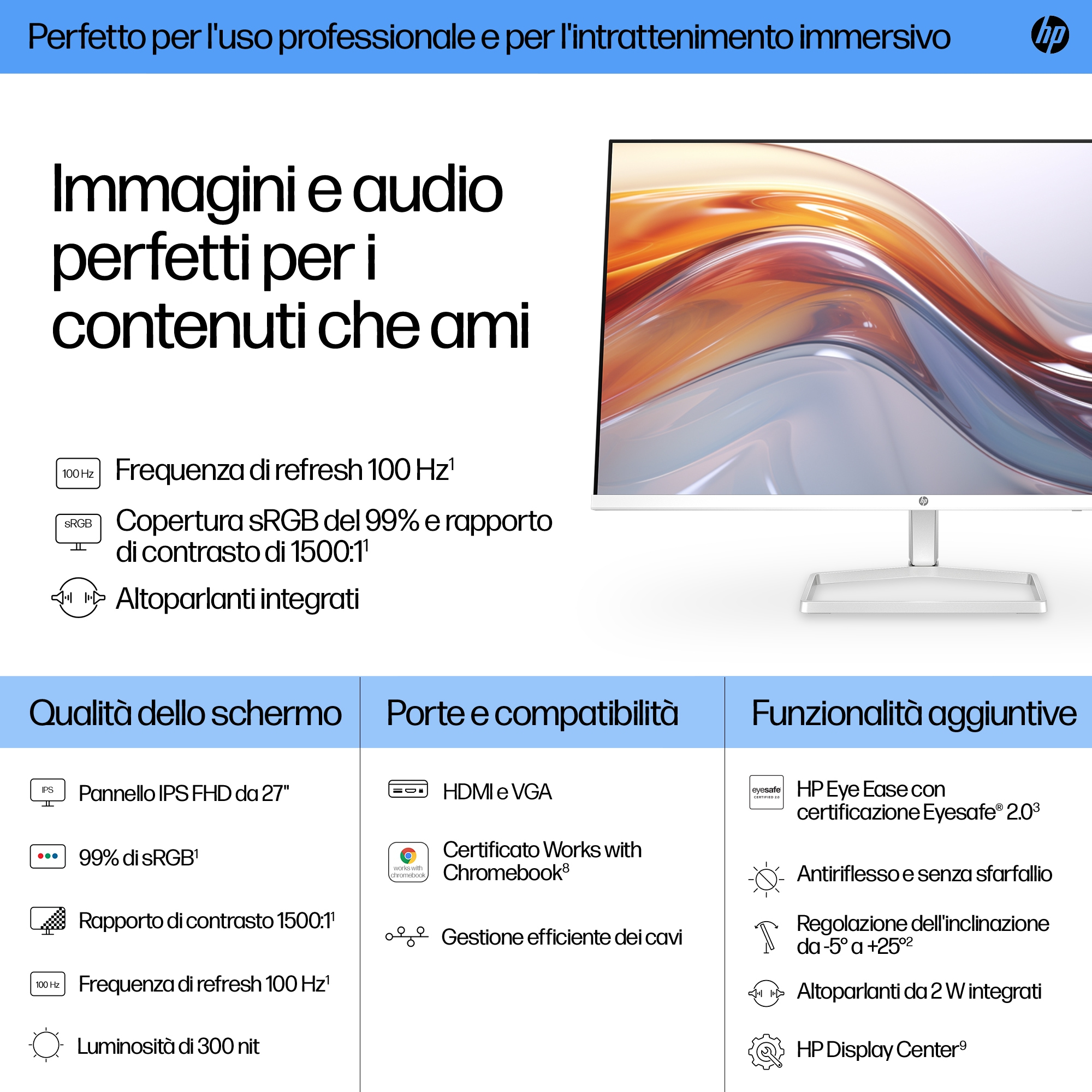 Monitor HP, wyświetlany tekst i ikony, białe tło, wymienione różne funkcje.