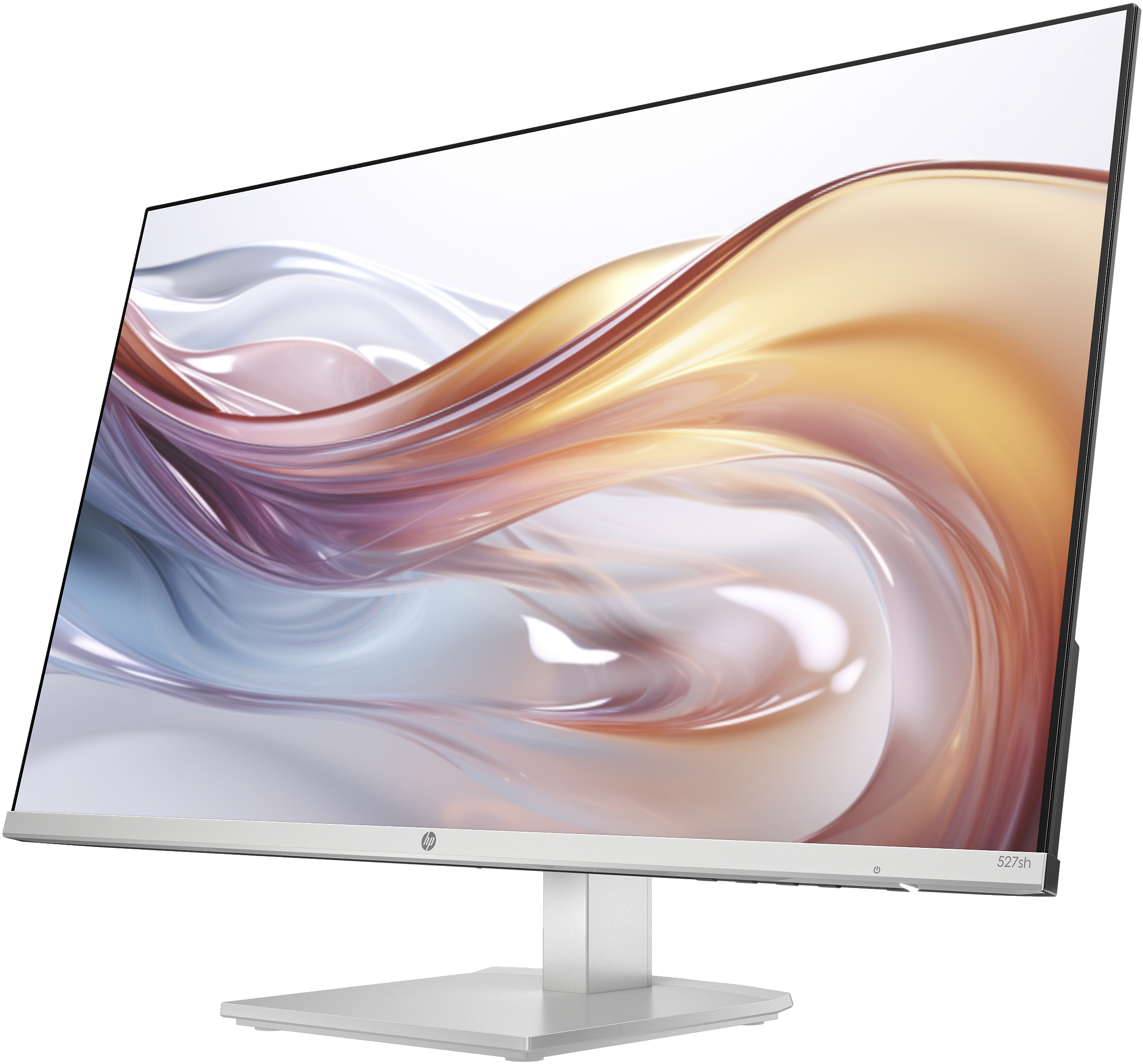 Ein silberner HP-Monitor zeigt ein lebendiges, abstraktes Design mit hellem, farbenfrohem Muster.