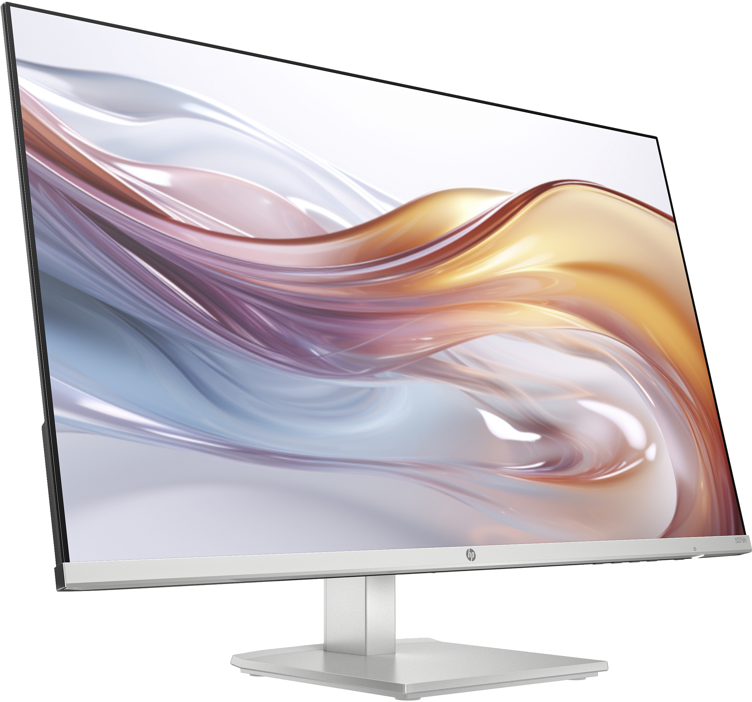 Silberner und schwarzer Computermonitor mit gebogenem Display und Ständer.