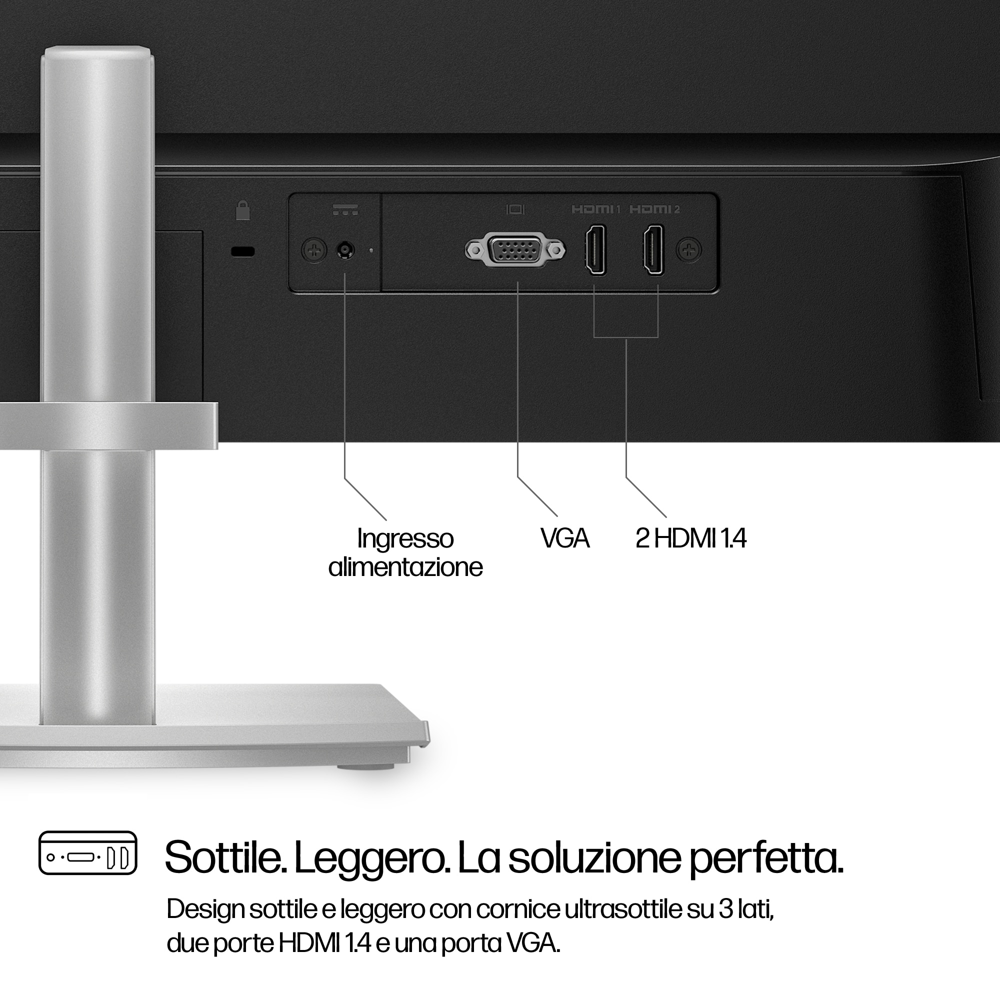 Nahaufnahme der Monitorrückseite, Anschlüsse: Strom, VGA, 2 HDMI.