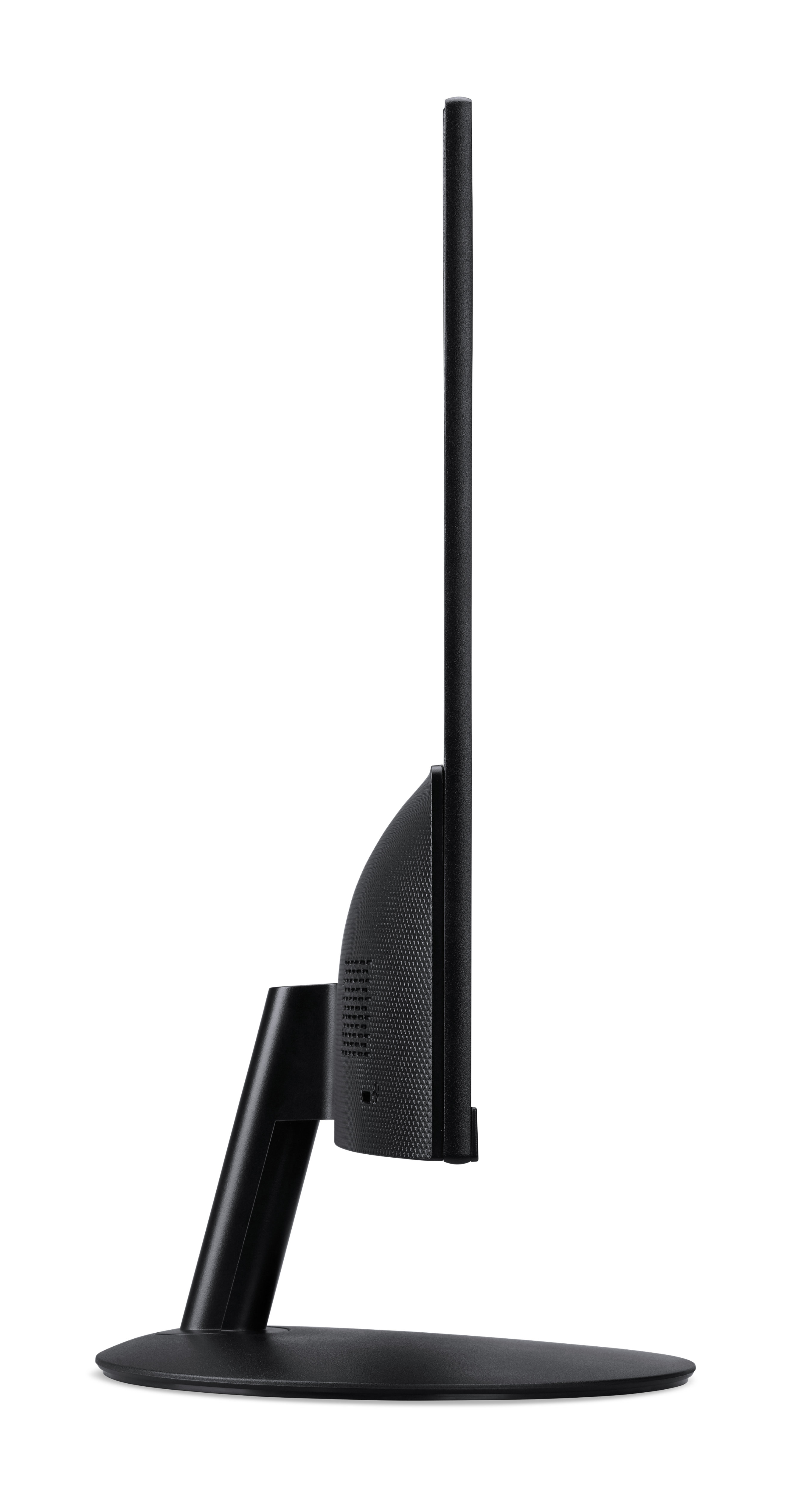 Widok z boku czarnego monitora. Ma czarną podstawę. Białe tło.