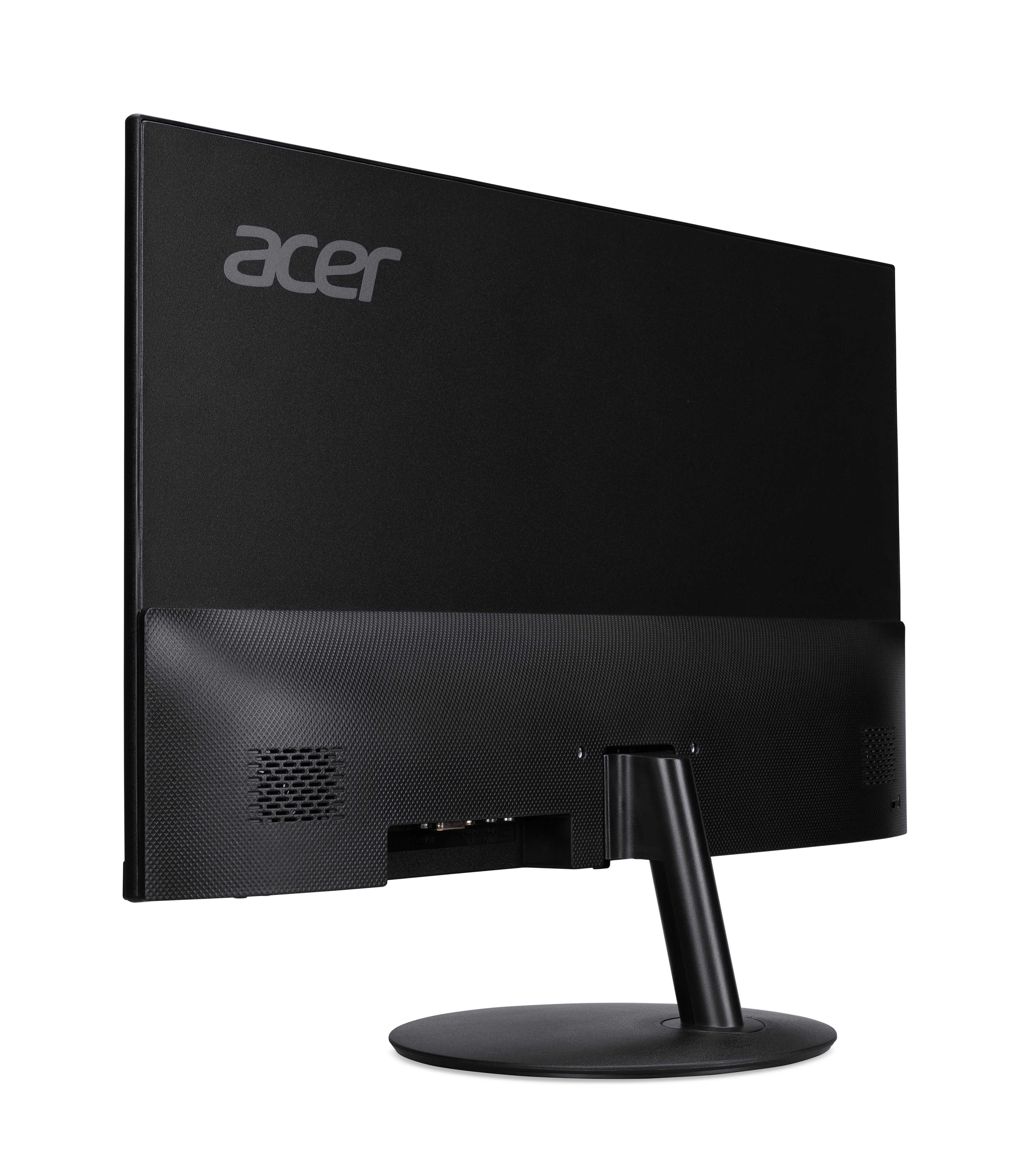 Tył czarnego monitora Acer. Logo Acer na górze. Widoczna podstawa.