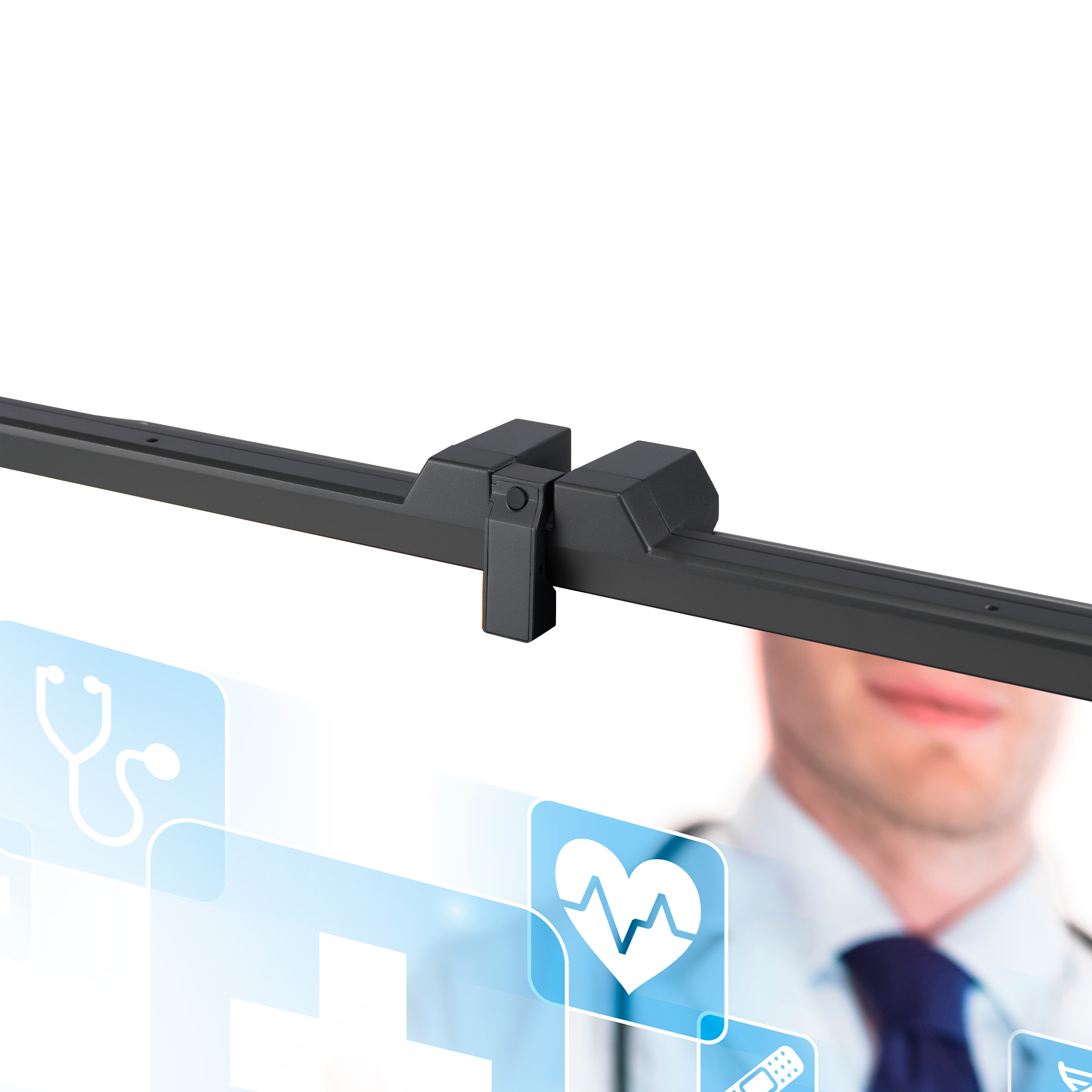 Une barre noire avec un symbole médical sur fond blanc, avec un médecin en arrière-plan.