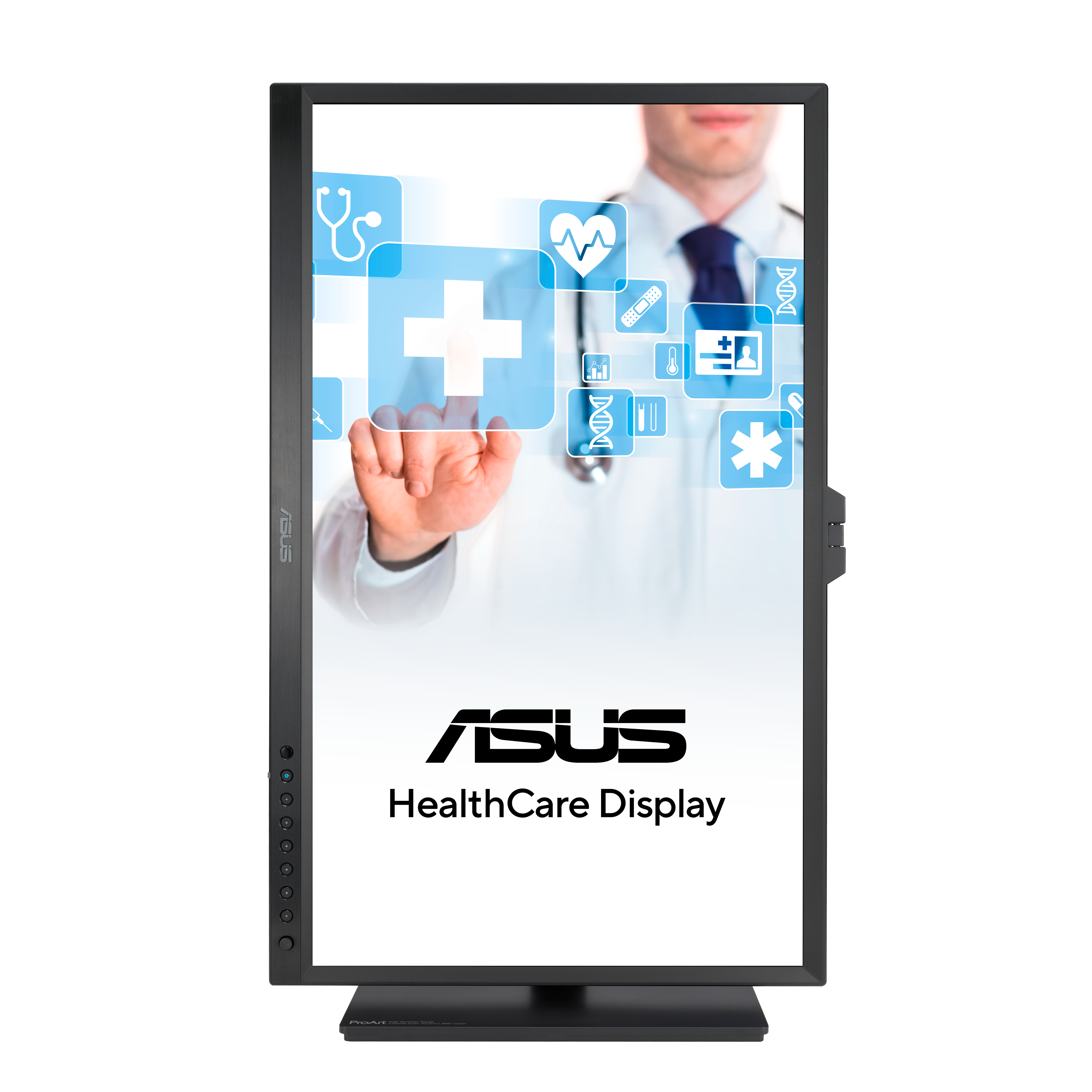 Vue de face d'un moniteur ASUS noir affichant une image médicale et un logo.