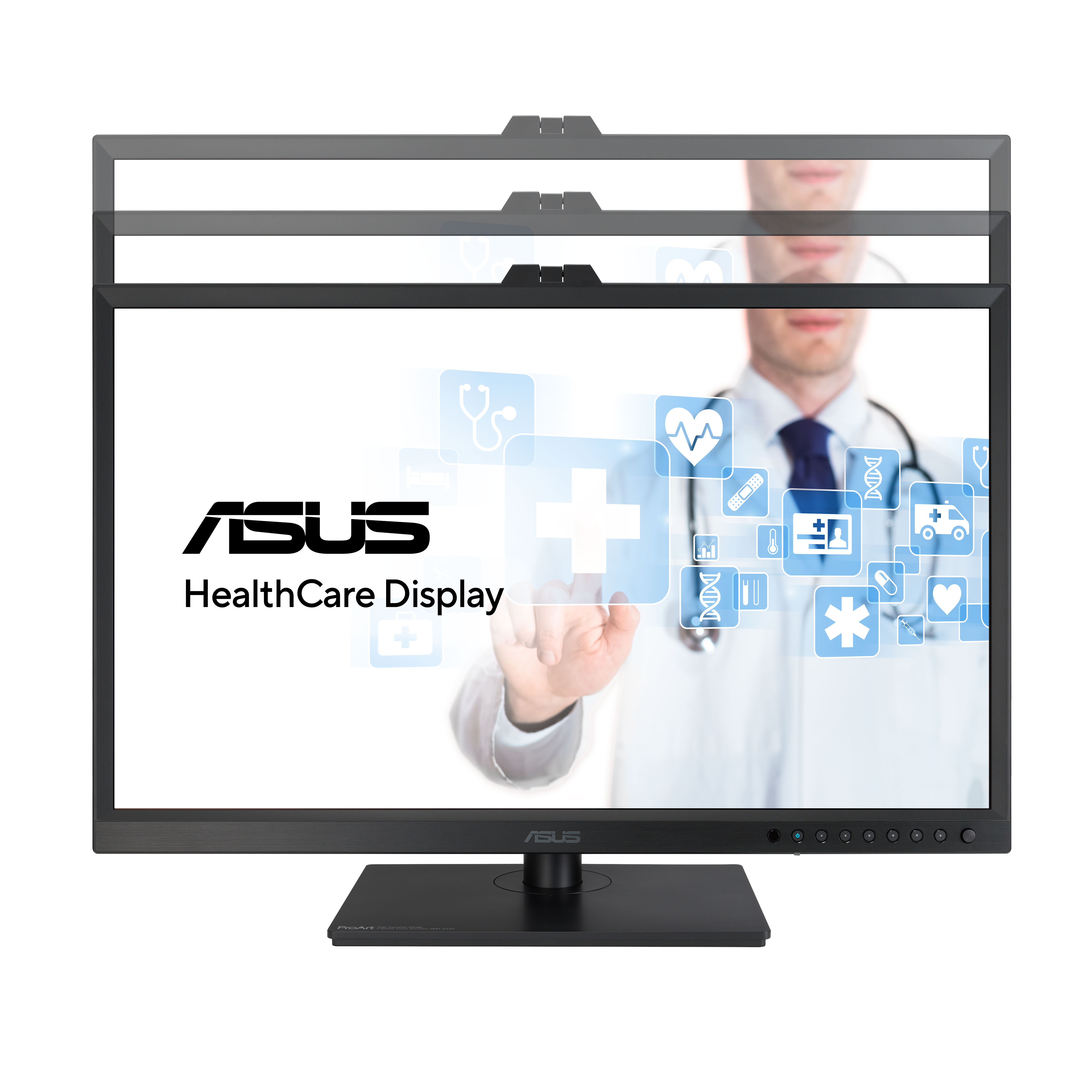 Moniteur de soins de santé Asus avec icônes médicales. Un médecin pointe l'écran.