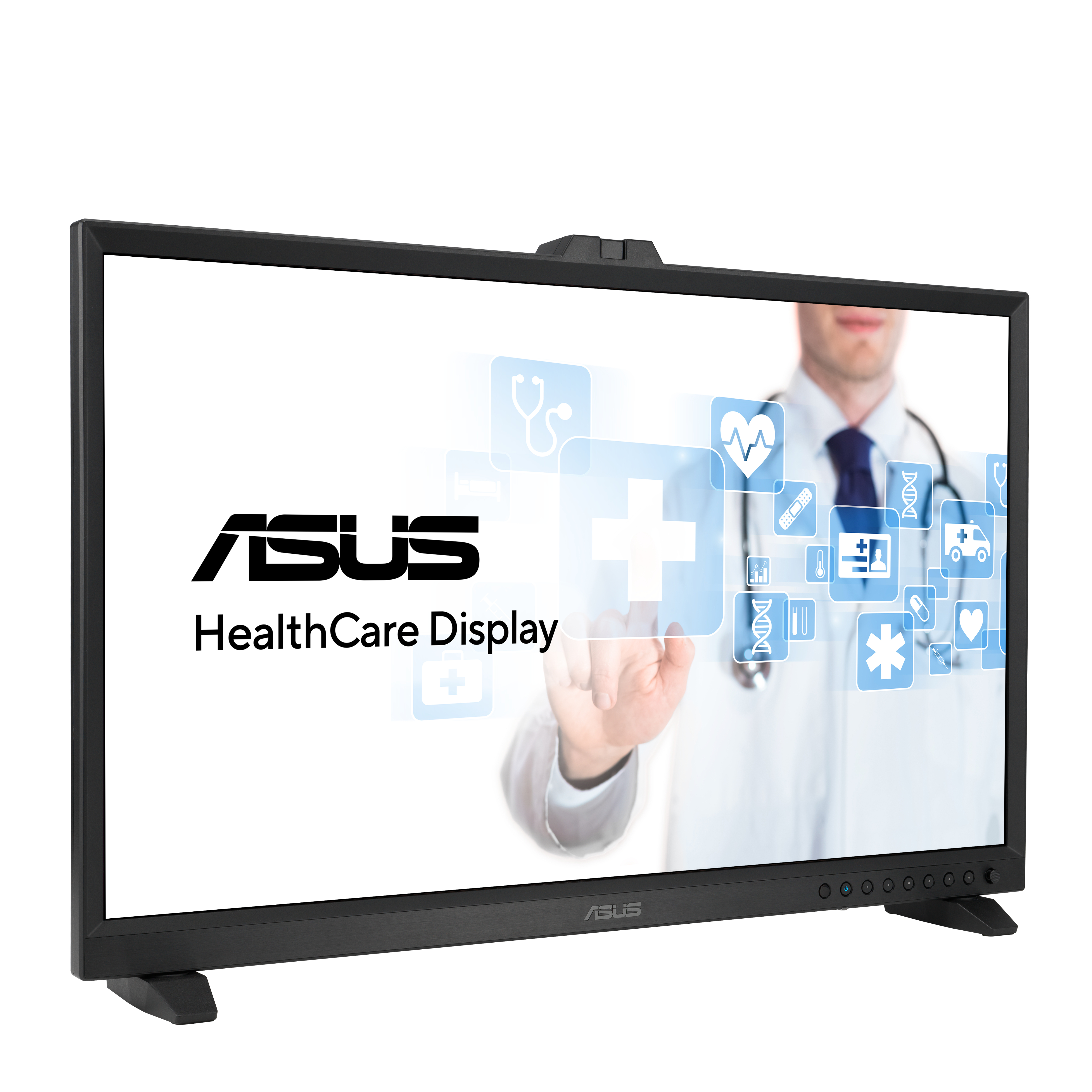 Écran de soins de santé ASUS noir. Affiche des icônes médicales et une main de médecin.