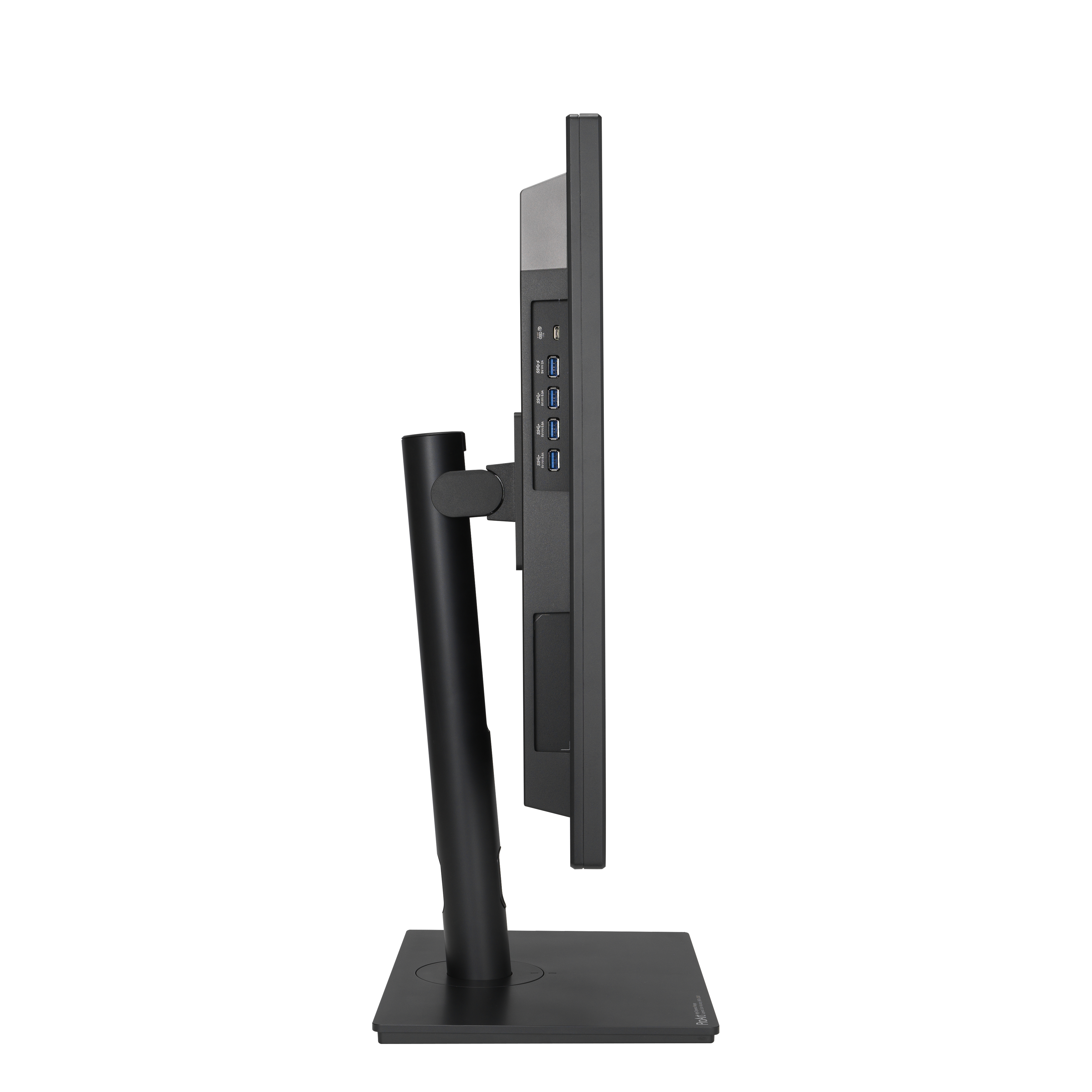 Moniteur d'ordinateur noir de côté, monté sur un support.