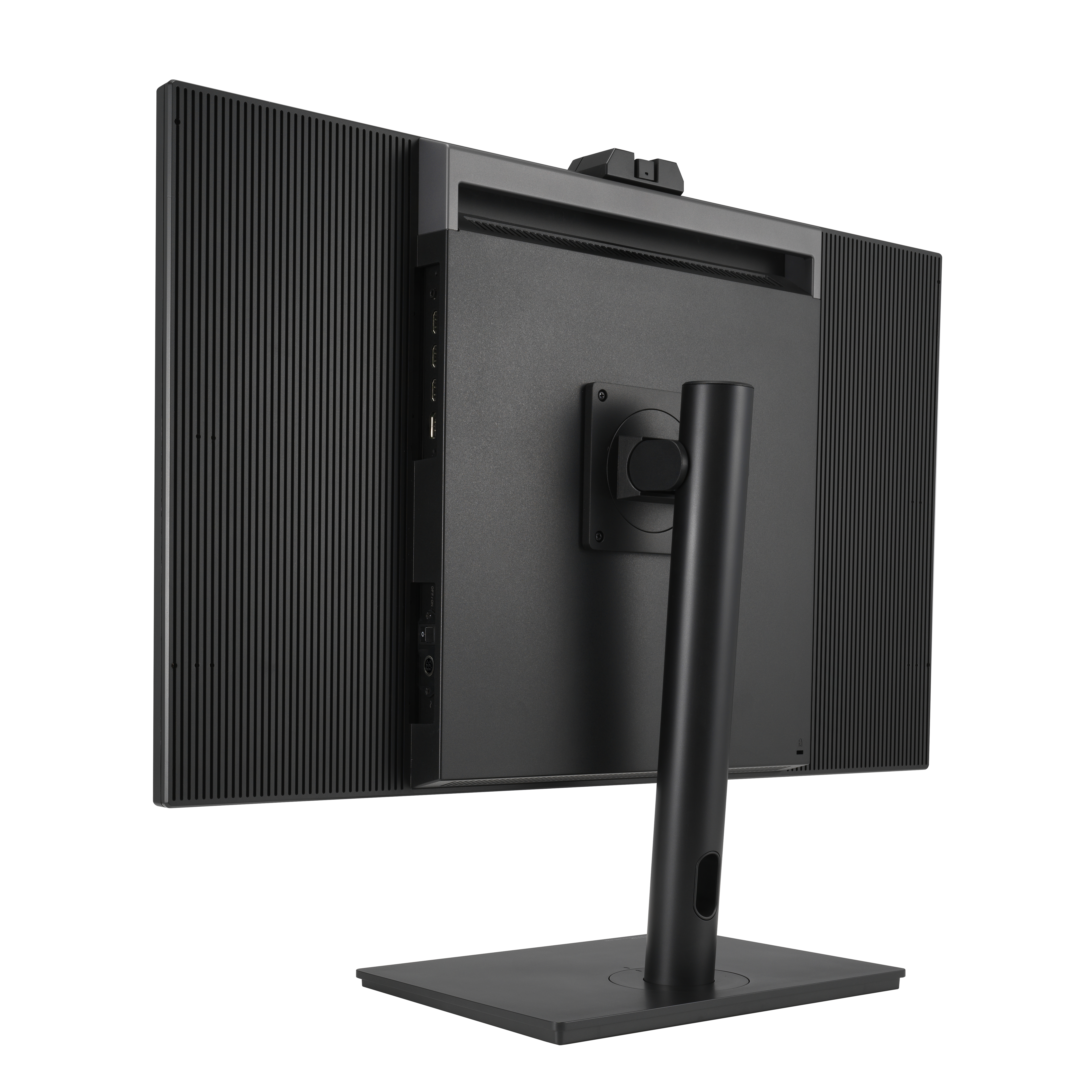 Vue arrière d'un moniteur d'ordinateur noir avec une webcam et un support. Le moniteur est noir.