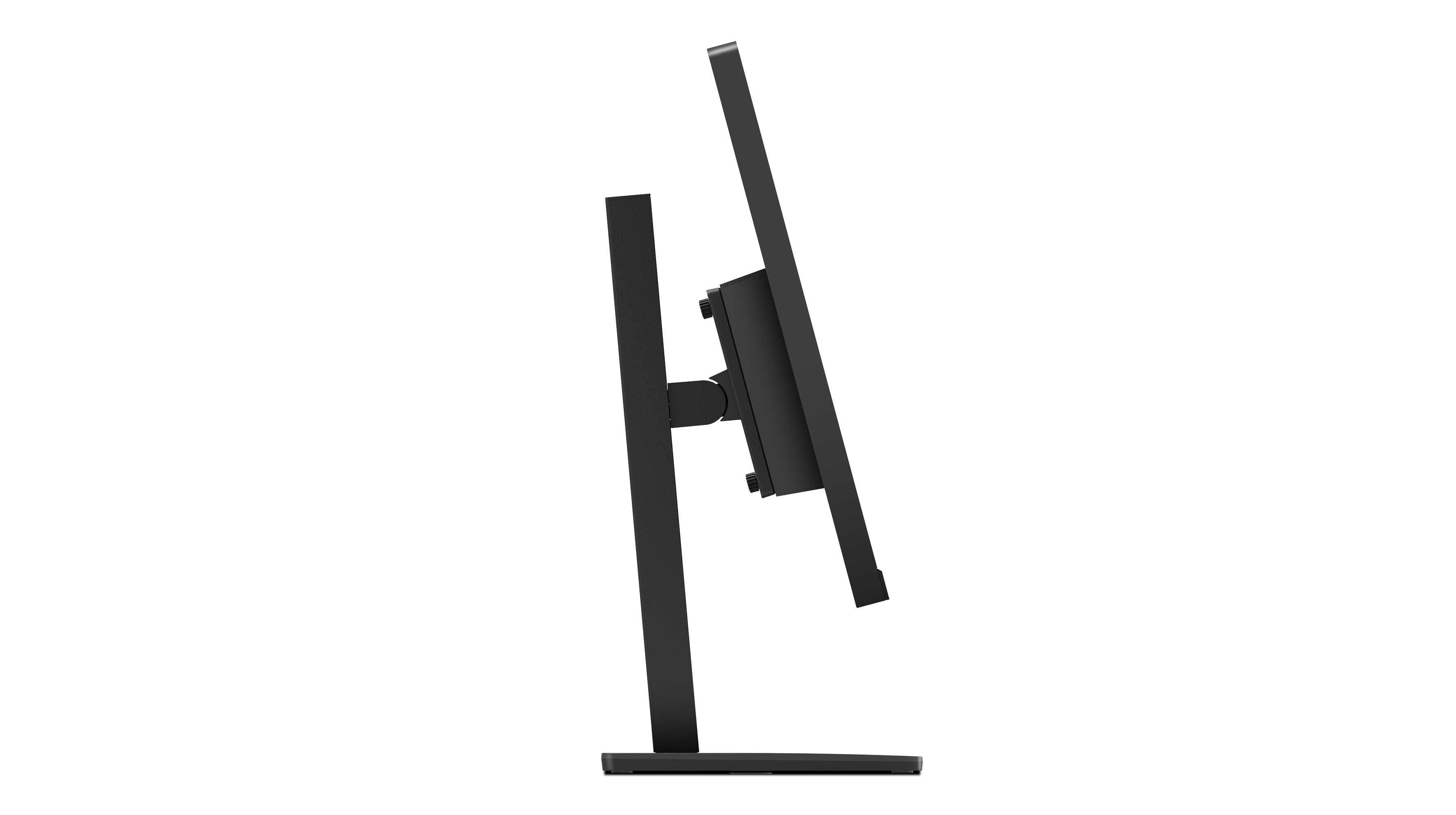 Czarny monitor komputera, widok z boku, pokazujący ekran i stojak.