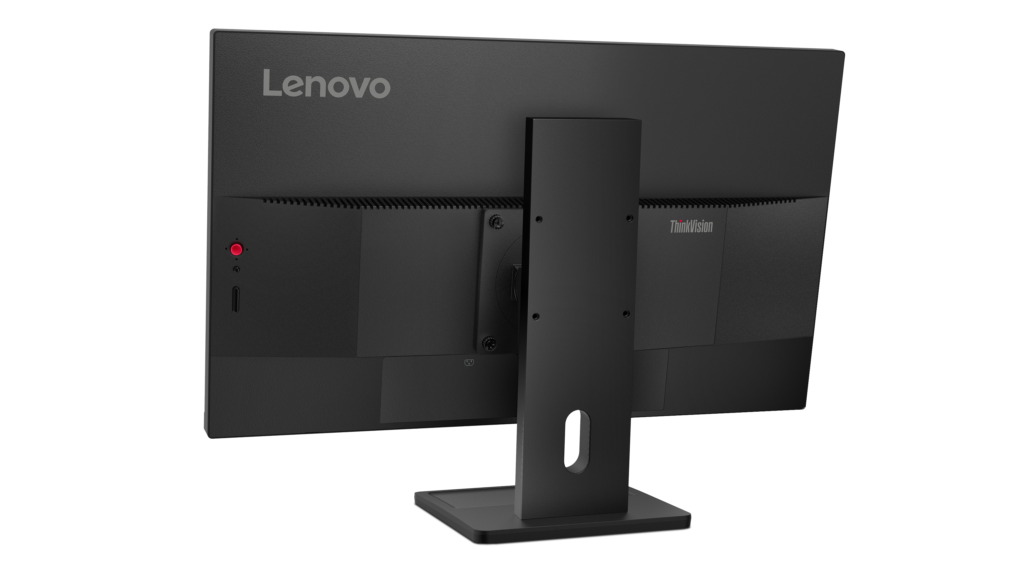 Tył czarnego monitora Lenovo. Posiada porty, mocowanie do stojaka i logo ThinkVision.