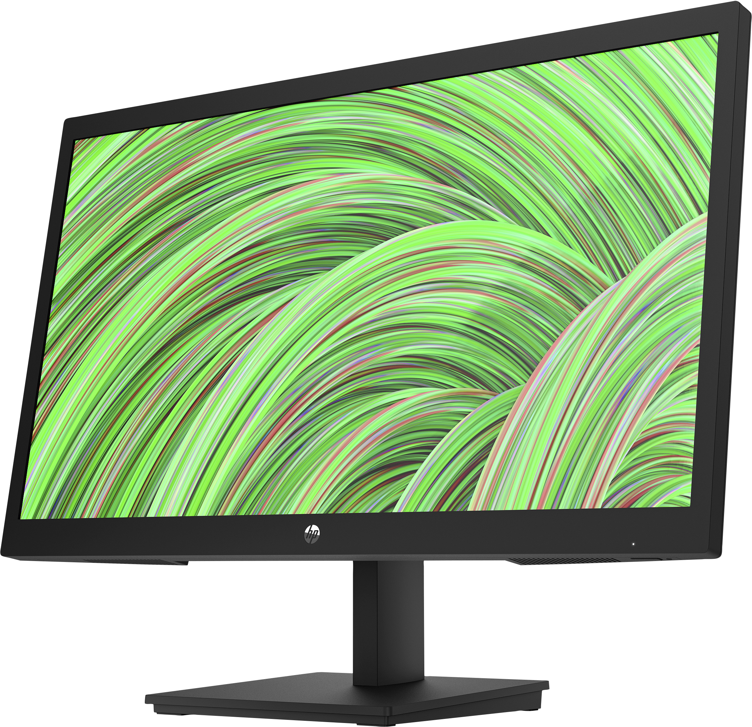 Un monitor HP muestra líneas abstractas verdes y rojas sobre un fondo negro.