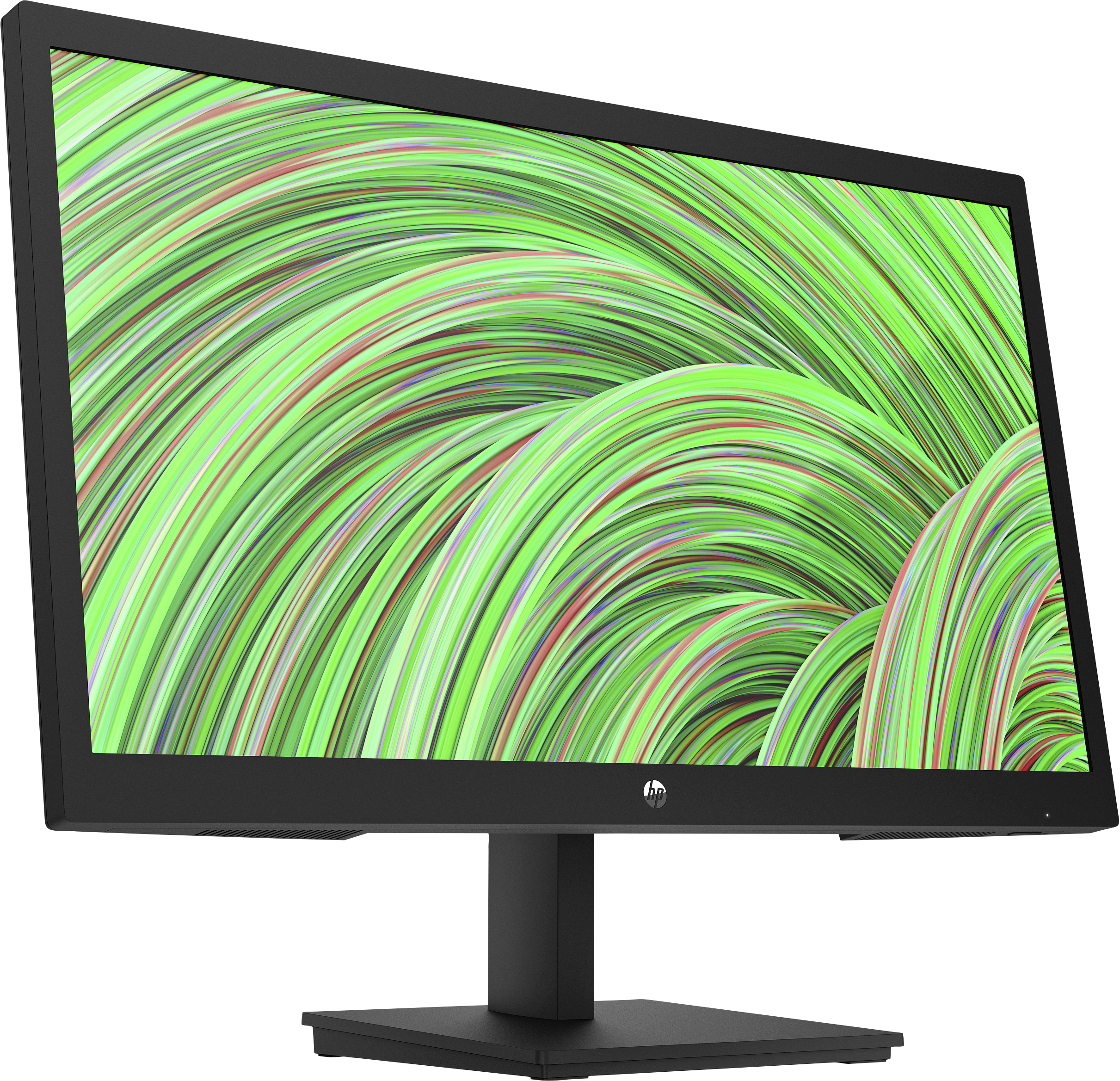 Monitor HP con marco negro, mostrando un patrón ondulado verde y rojo. El fondo es blanco.