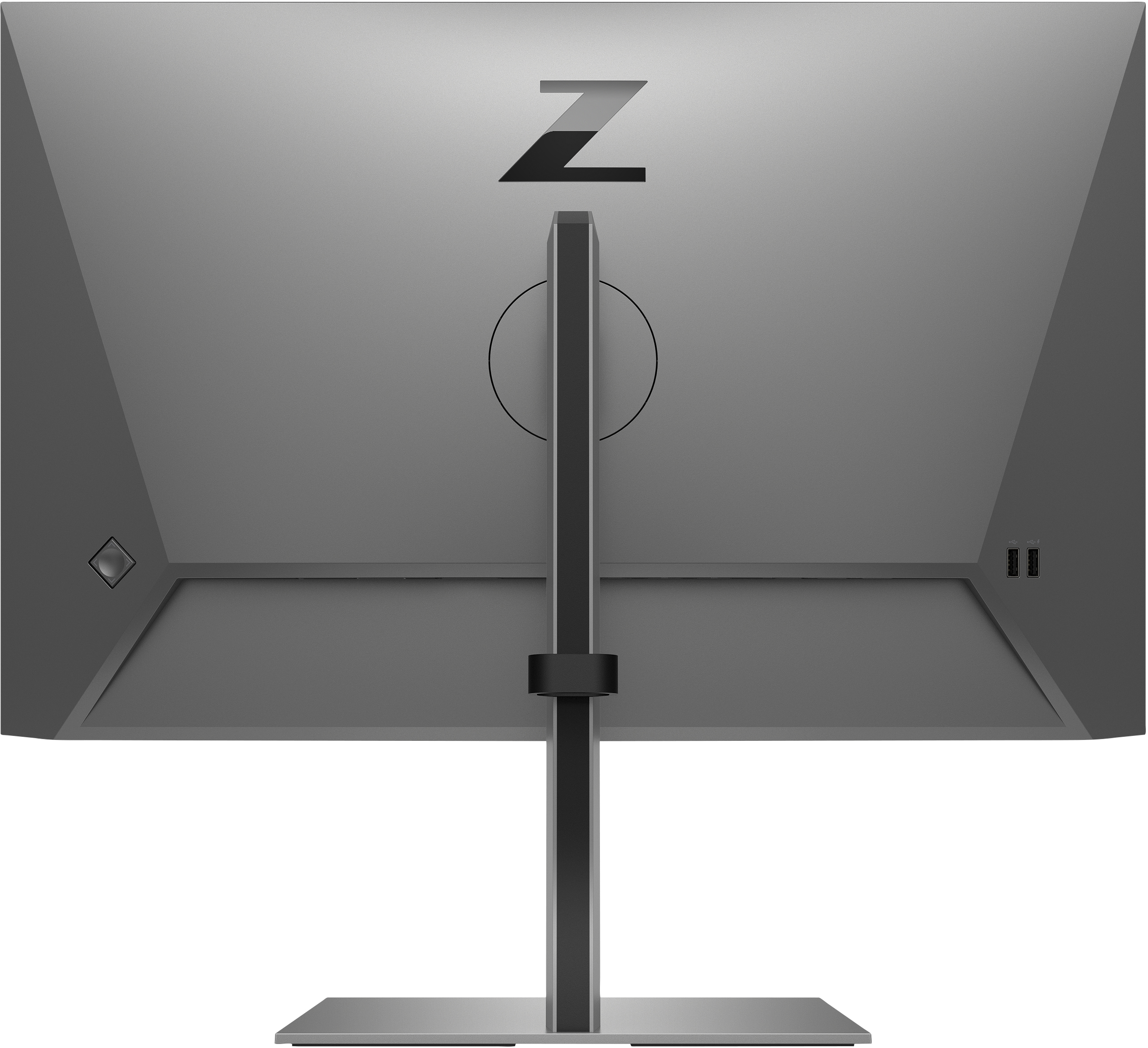 Rückseite eines grauen Monitors mit Ständer. Der Buchstabe Z ist darauf, Logo.